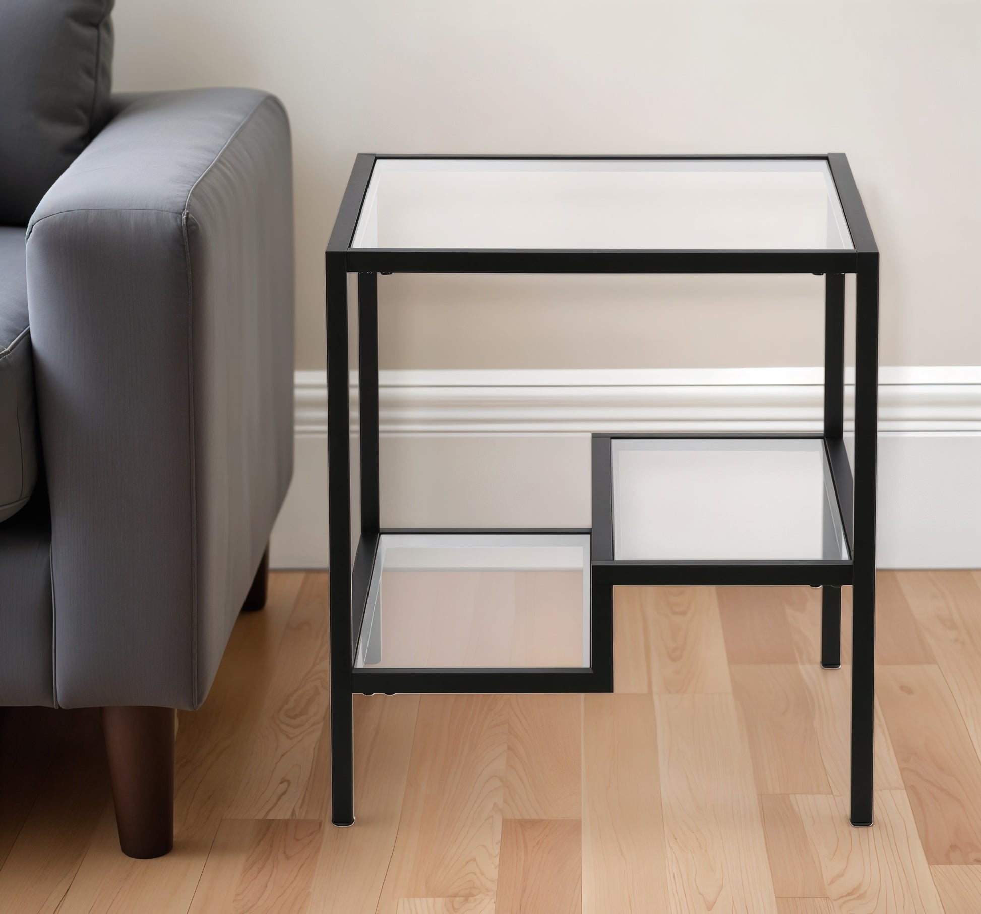 22" Black And Clear Glass And Steel Square End Table With Two Shelves-0
