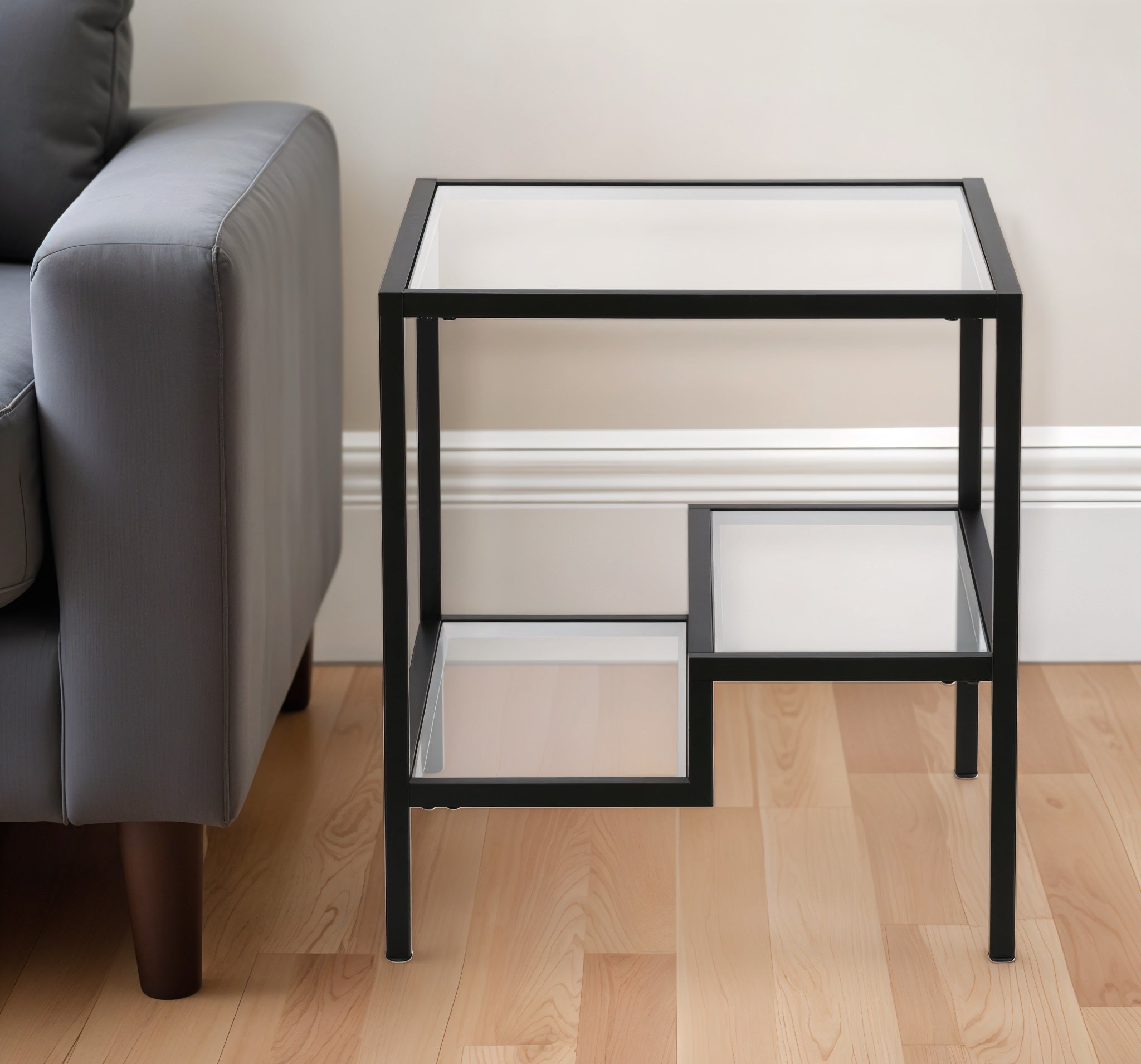 22" Black And Clear Glass And Steel Square End Table With Two Shelves-0