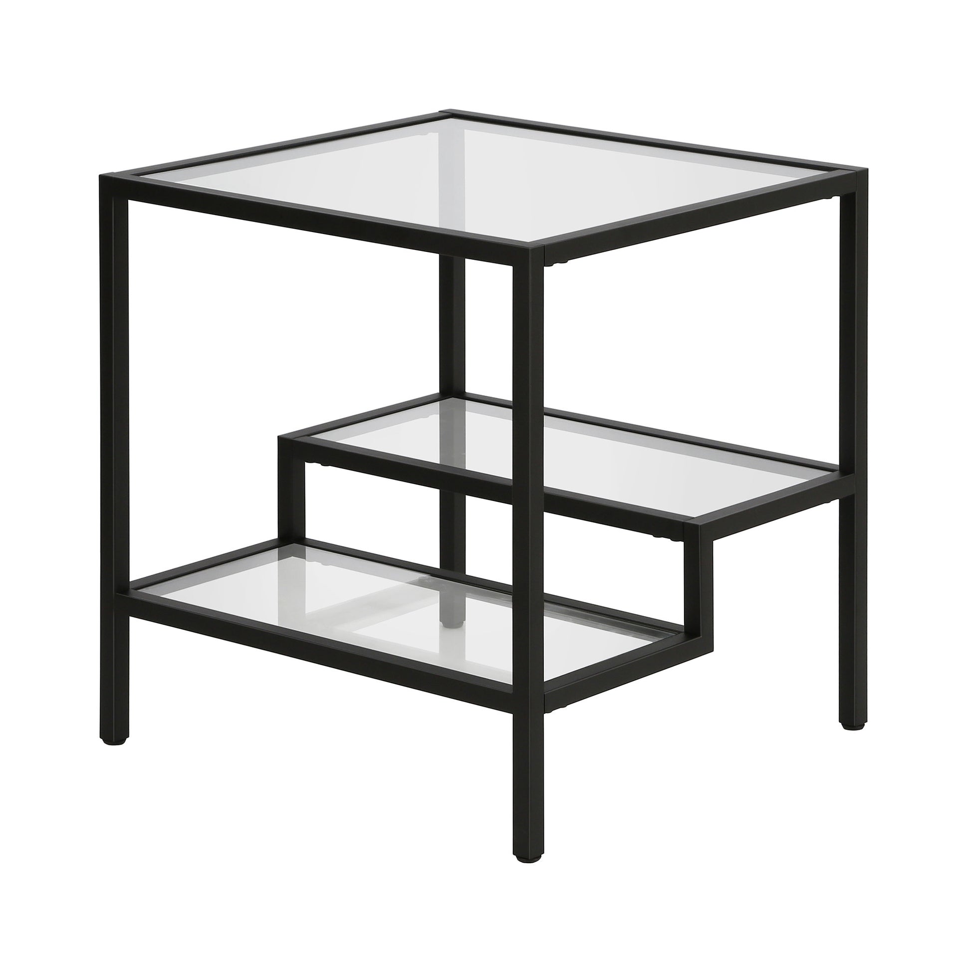 22" Black And Clear Glass And Steel Square End Table With Two Shelves-1