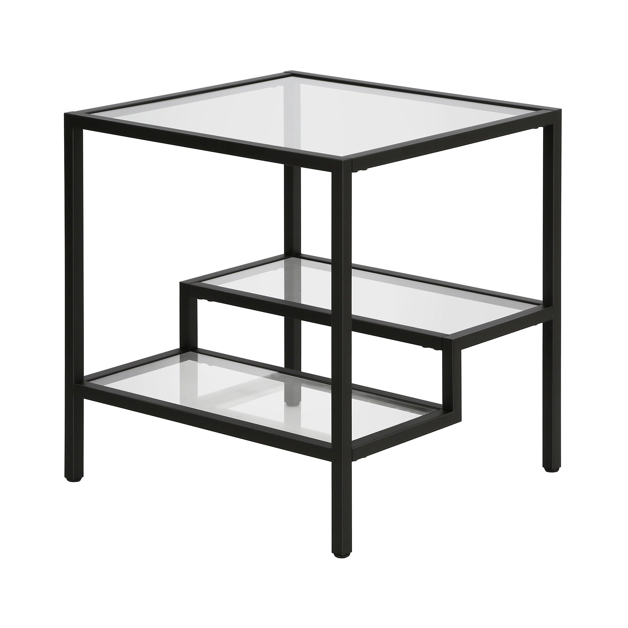 22" Black And Clear Glass And Steel Square End Table With Two Shelves-1
