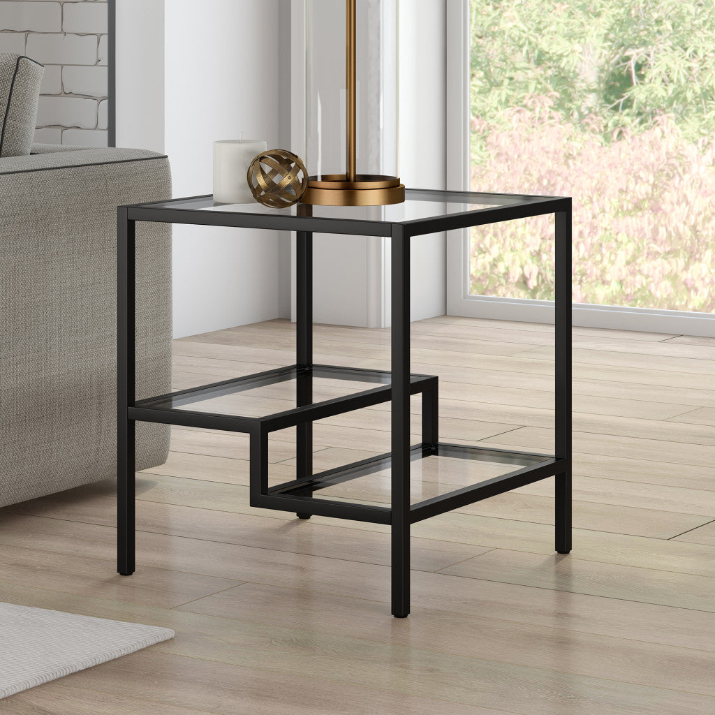 22" Black And Clear Glass And Steel Square End Table With Two Shelves-6