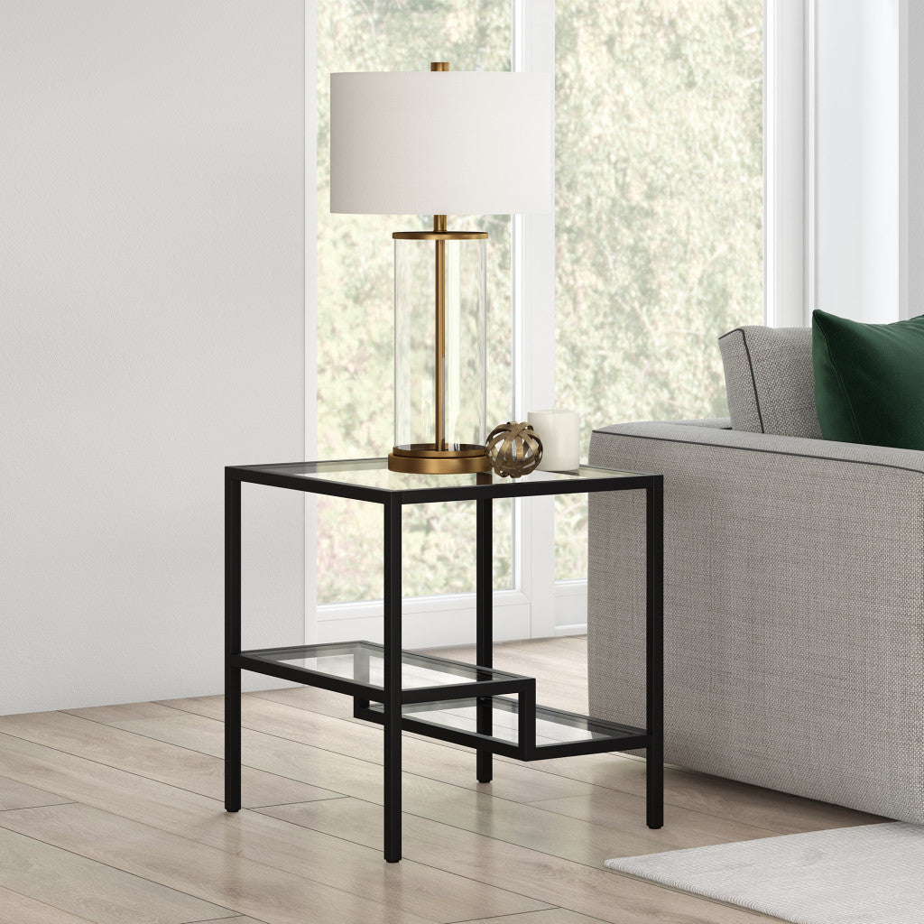 22" Black And Clear Glass And Steel Square End Table With Two Shelves-7