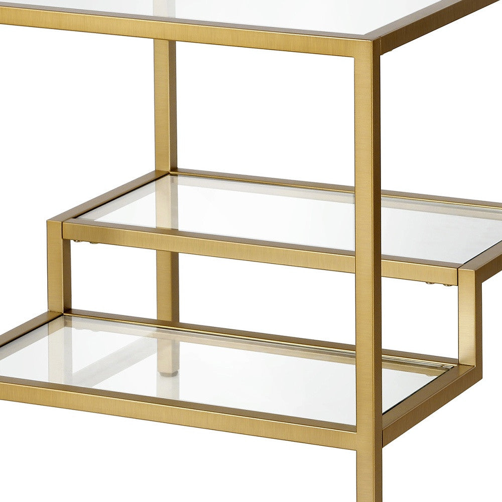 22" Brass And Clear Glass And Steel Square End Table With Two Shelves-5