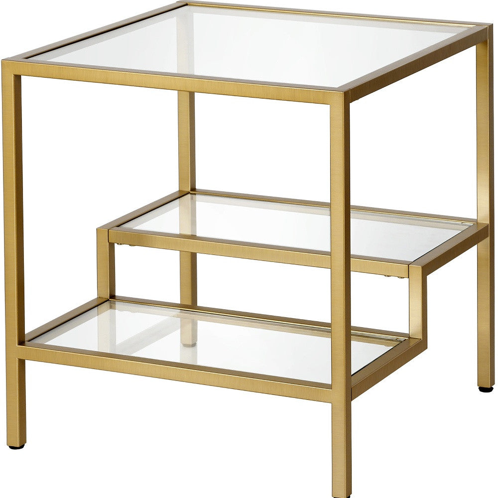 22" Brass And Clear Glass And Steel Square End Table With Two Shelves-6