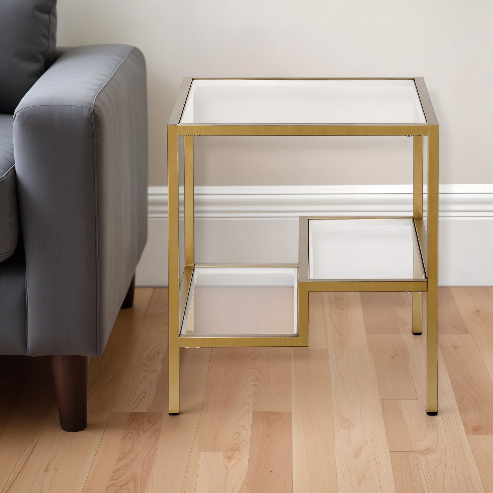 22" Brass And Clear Glass And Steel Square End Table With Two Shelves-0
