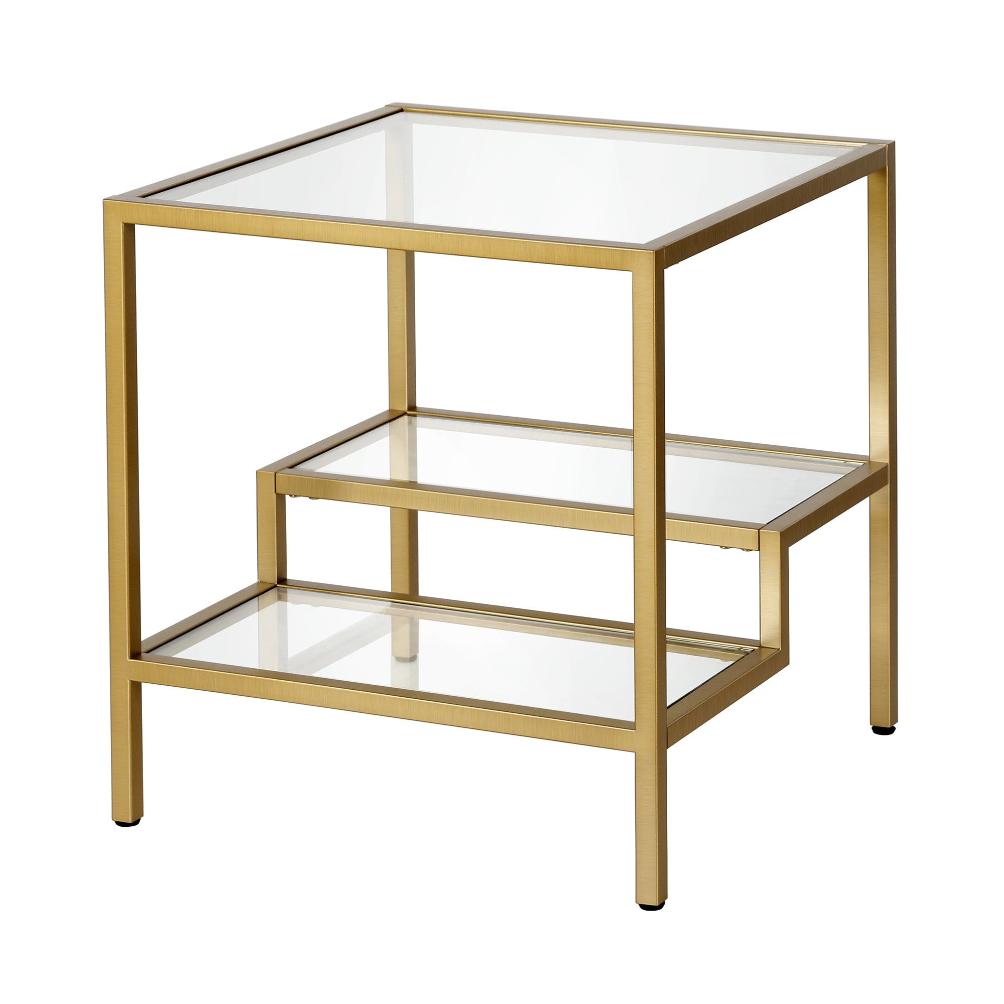 22" Brass And Clear Glass And Steel Square End Table With Two Shelves-1