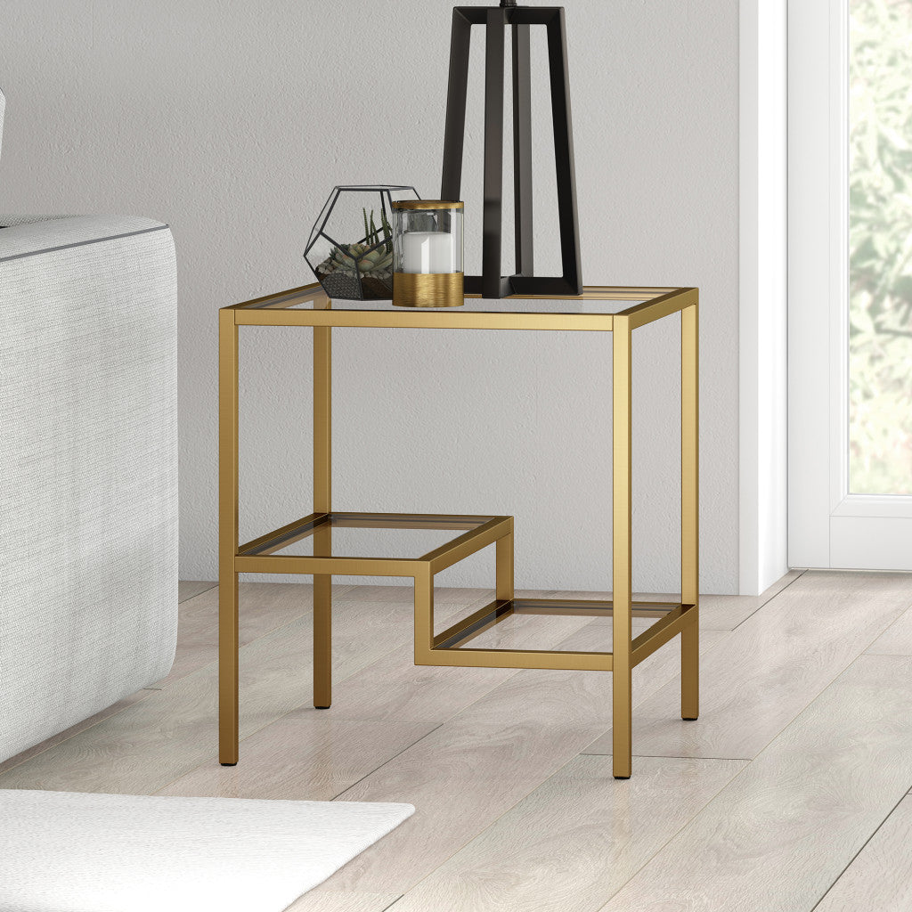 22" Brass And Clear Glass And Steel Square End Table With Two Shelves-7