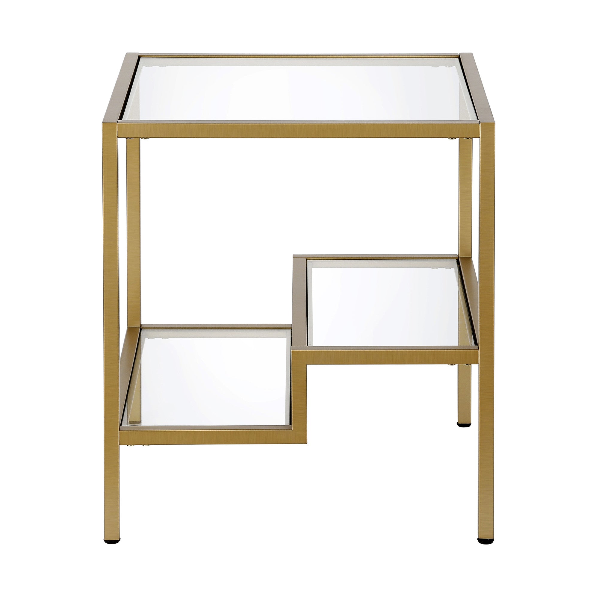 22" Brass And Clear Glass And Steel Square End Table With Two Shelves-2
