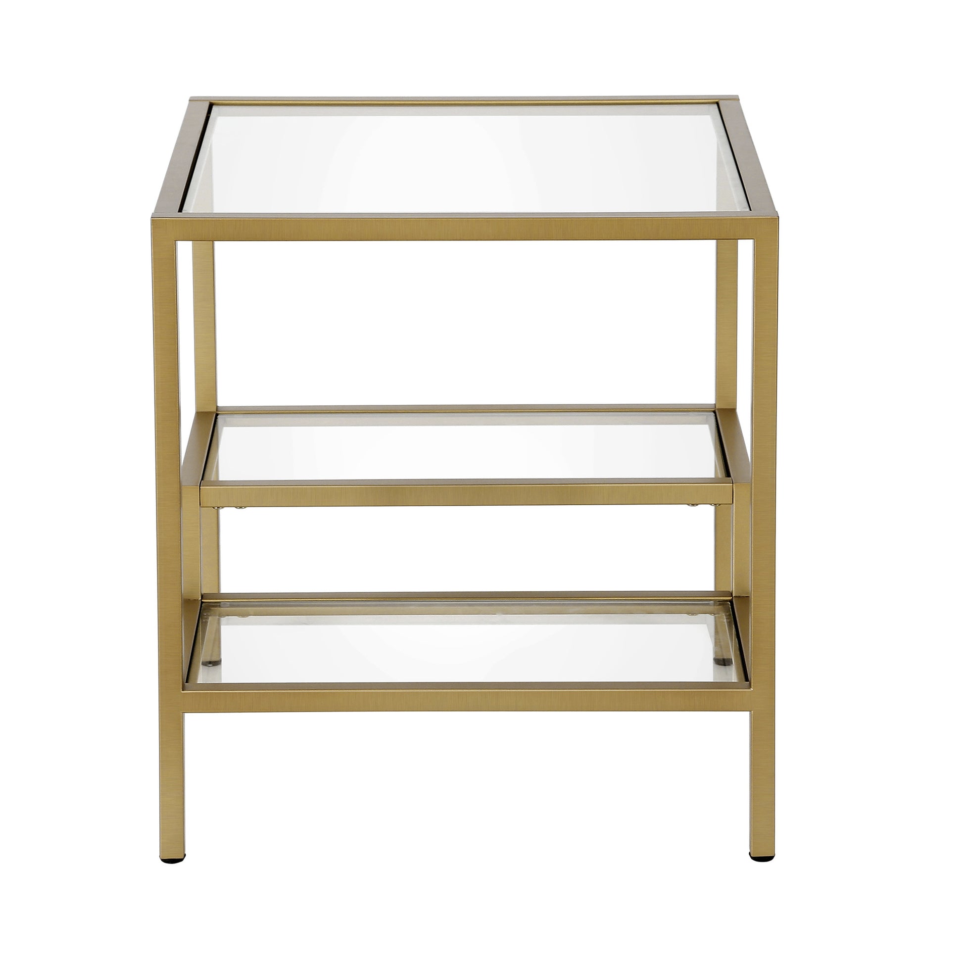 22" Brass And Clear Glass And Steel Square End Table With Two Shelves-3