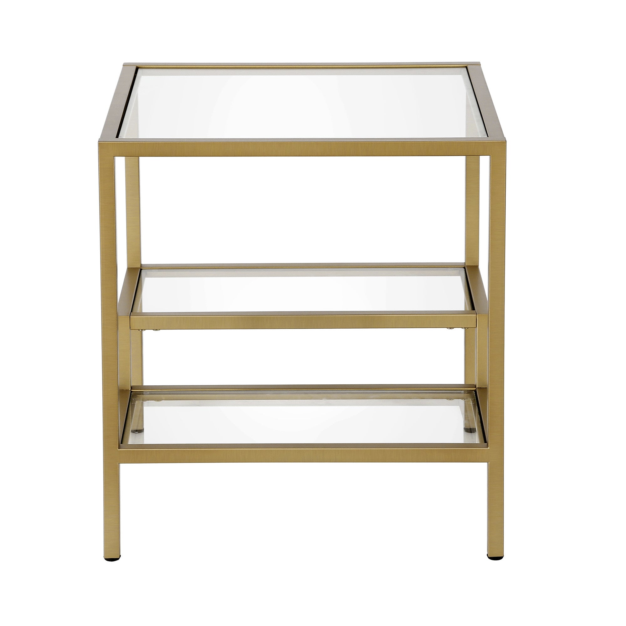 22" Brass And Clear Glass And Steel Square End Table With Two Shelves-3