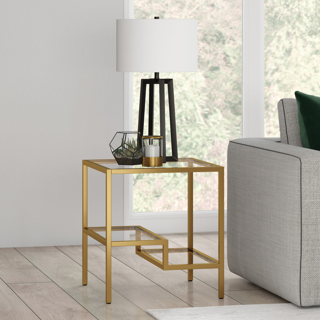 22" Brass And Clear Glass And Steel Square End Table With Two Shelves-8