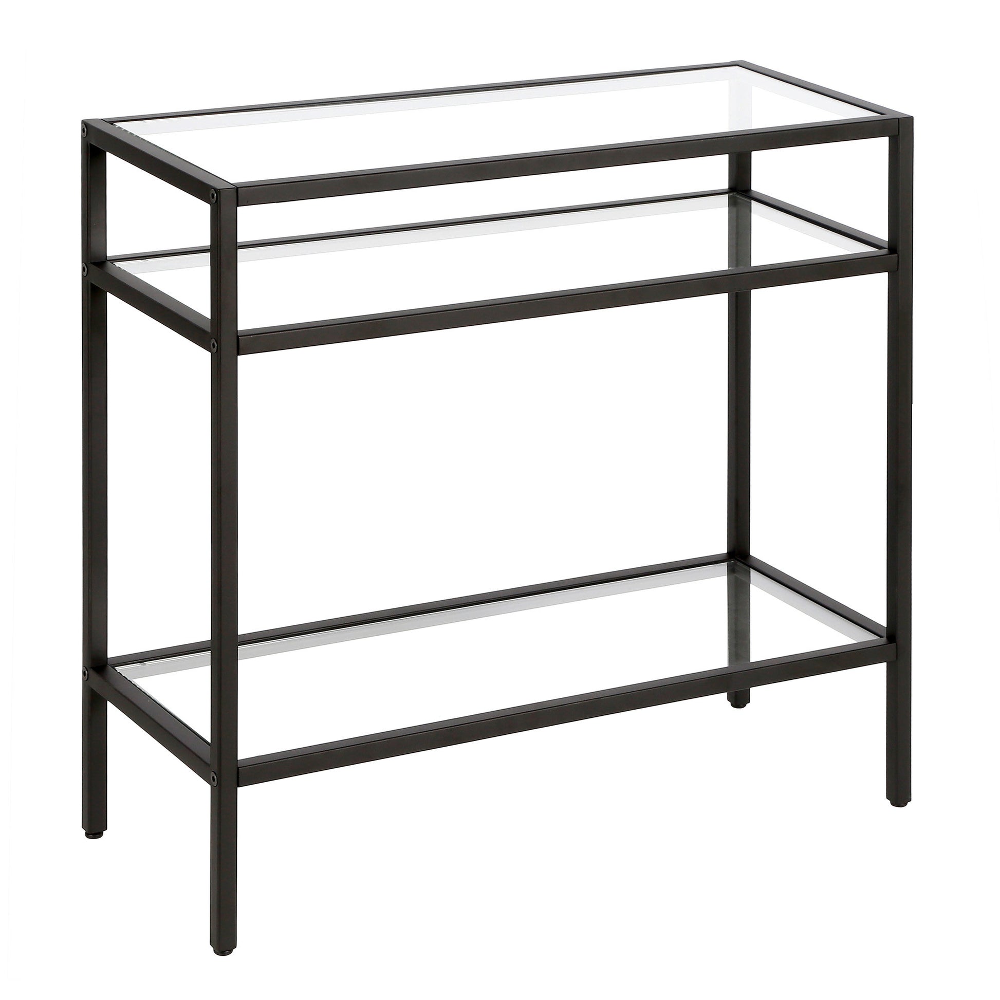 24" Black And Clear Glass And Steel End Table With Two Shelves-2