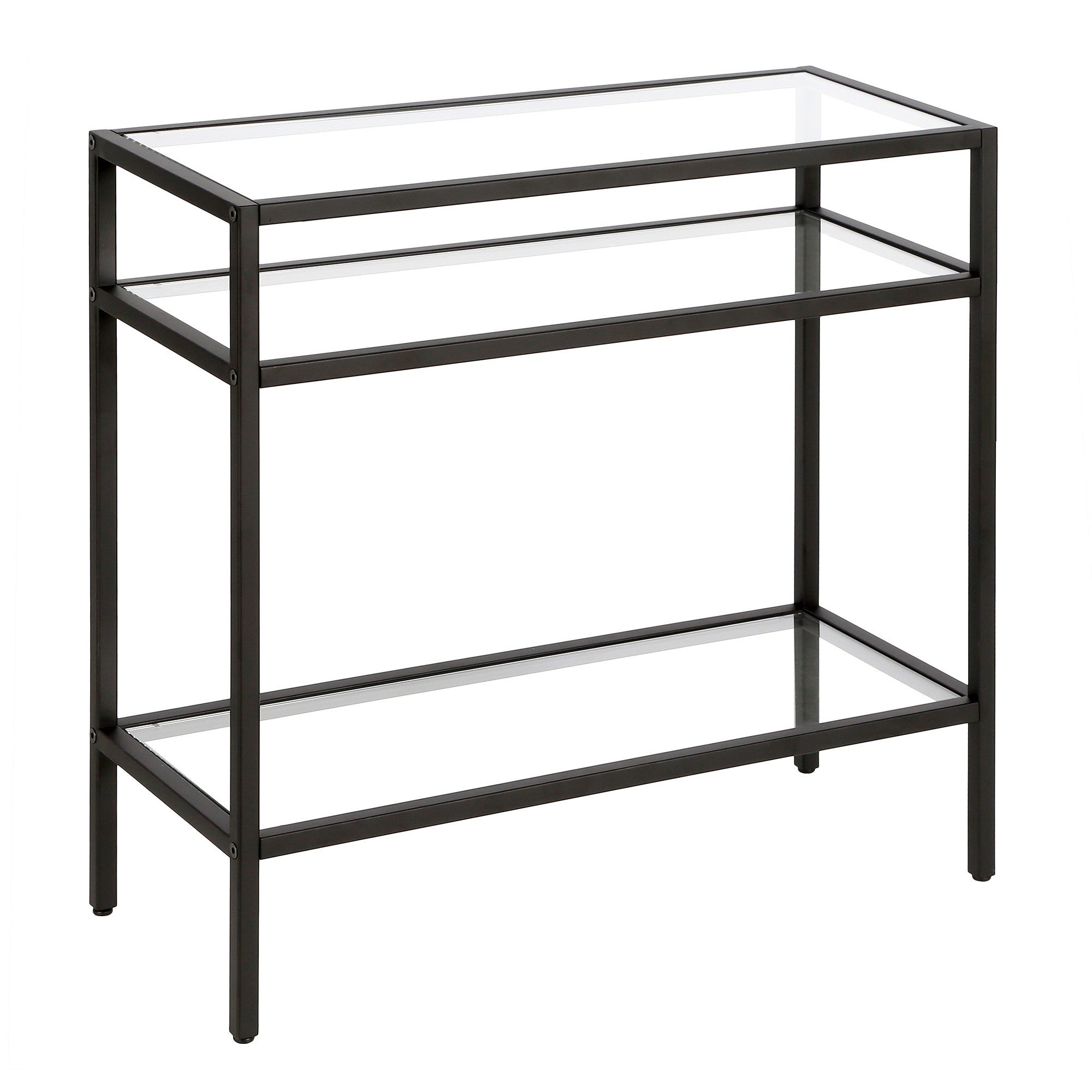 24" Black And Clear Glass And Steel End Table With Two Shelves-2