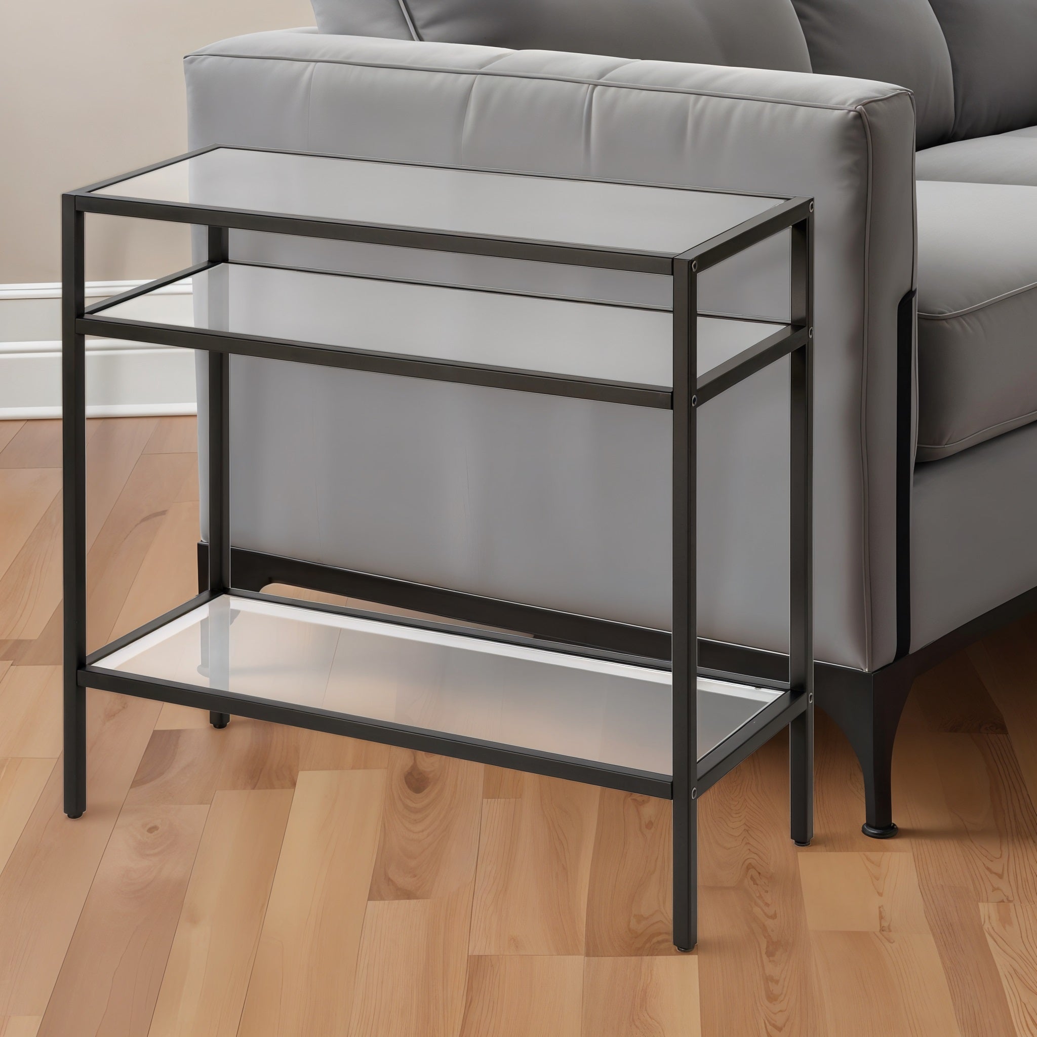 24" Black And Clear Glass And Steel End Table With Two Shelves-0