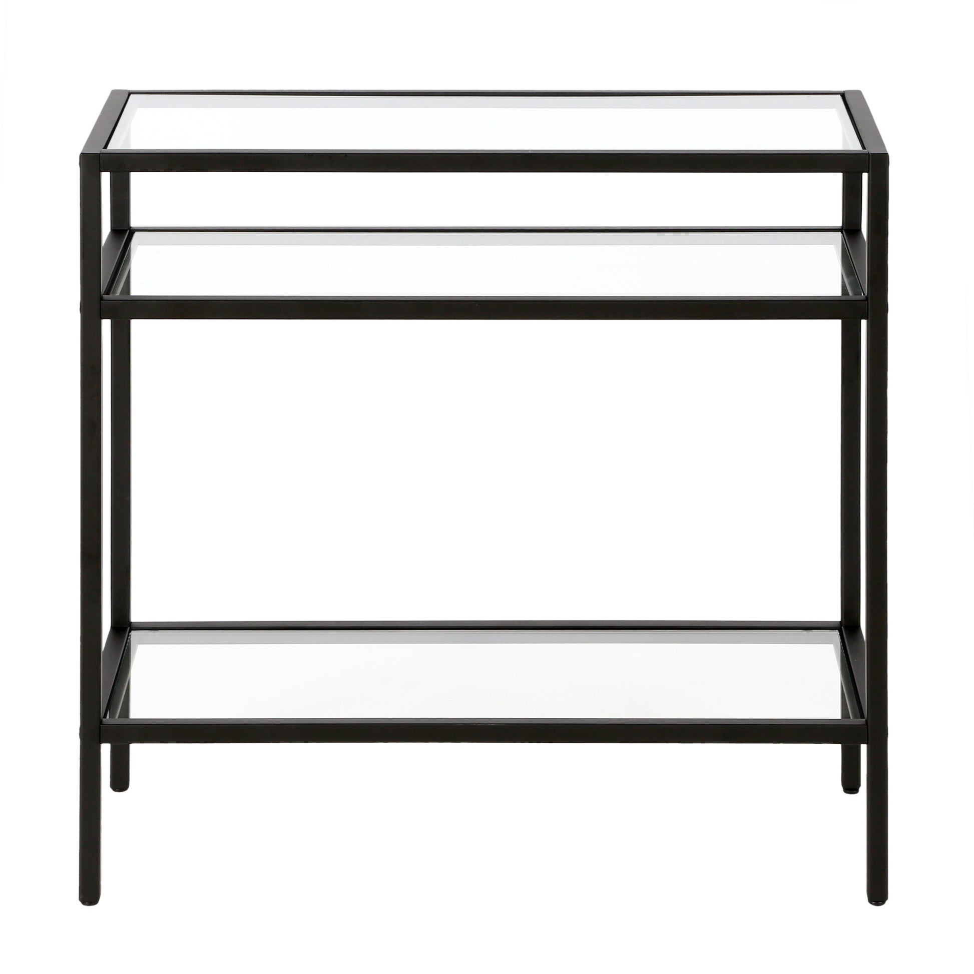 24" Black And Clear Glass And Steel End Table With Two Shelves-1