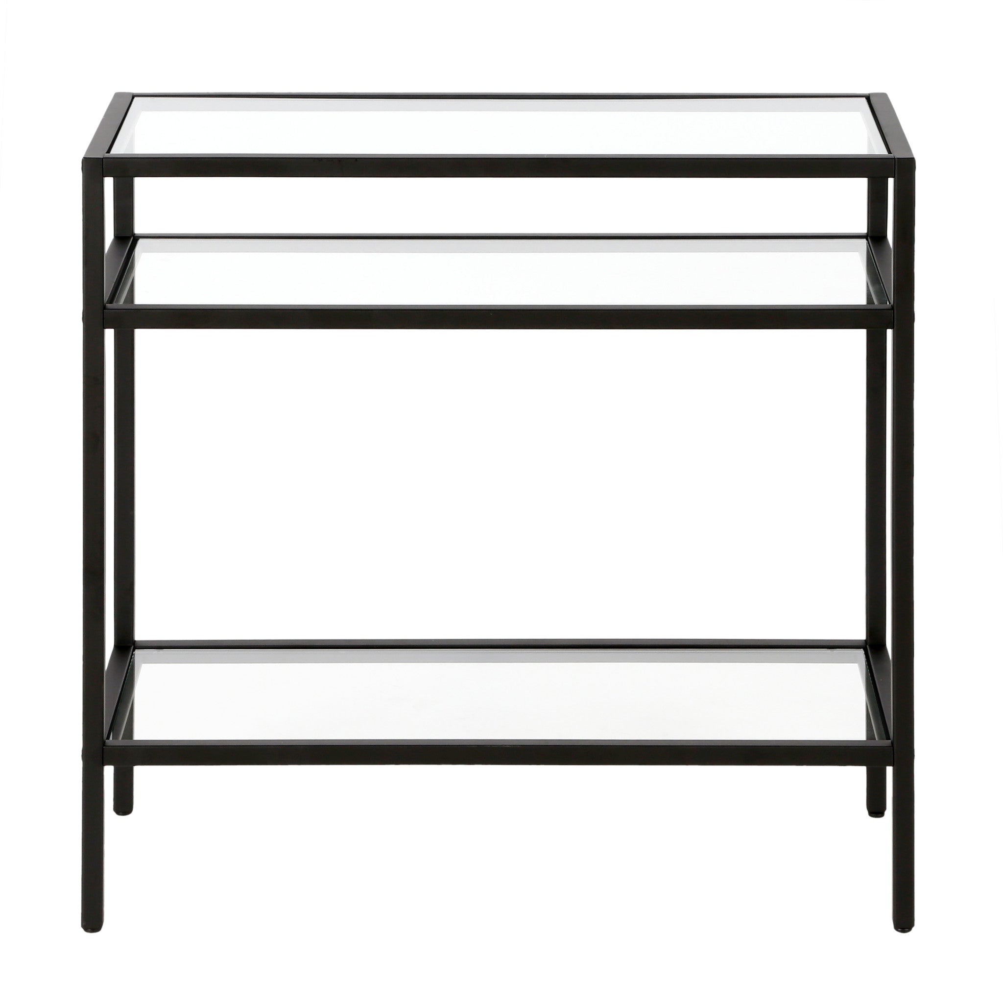 24" Black And Clear Glass And Steel End Table With Two Shelves-1