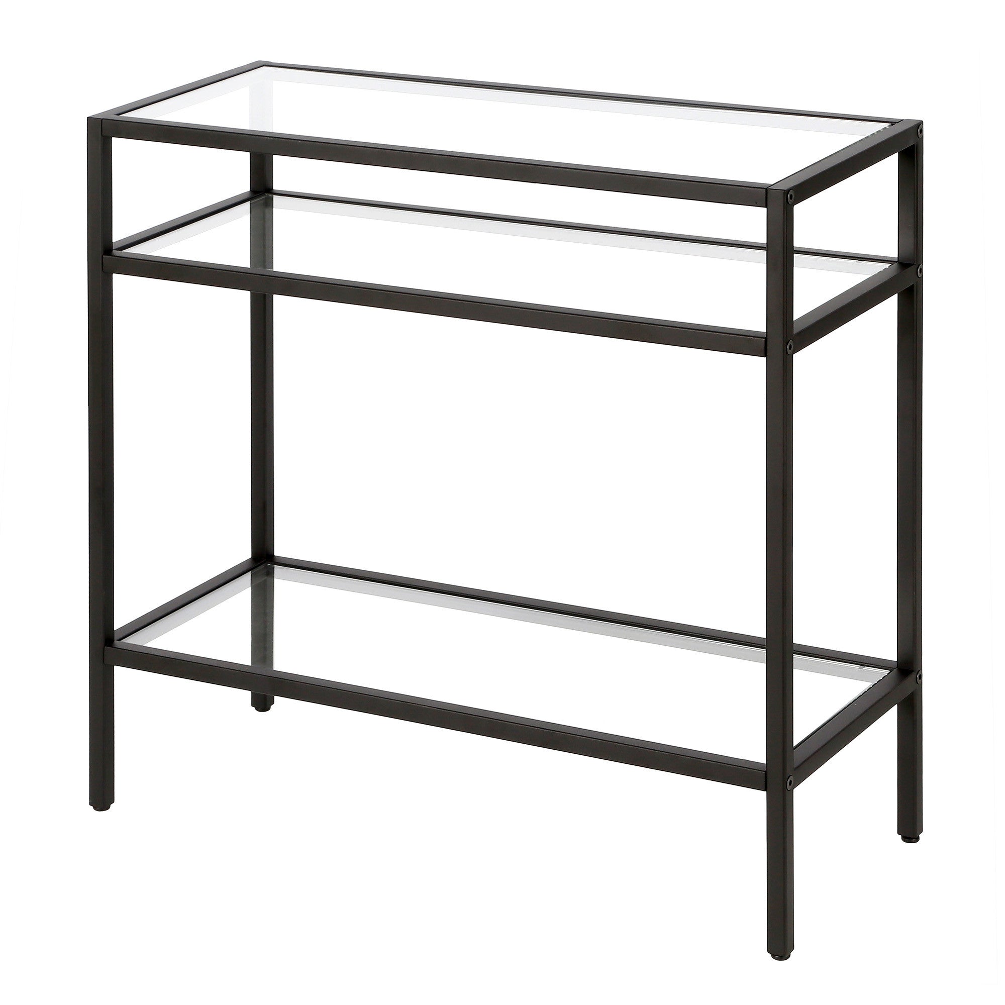 24" Black And Clear Glass And Steel End Table With Two Shelves-3