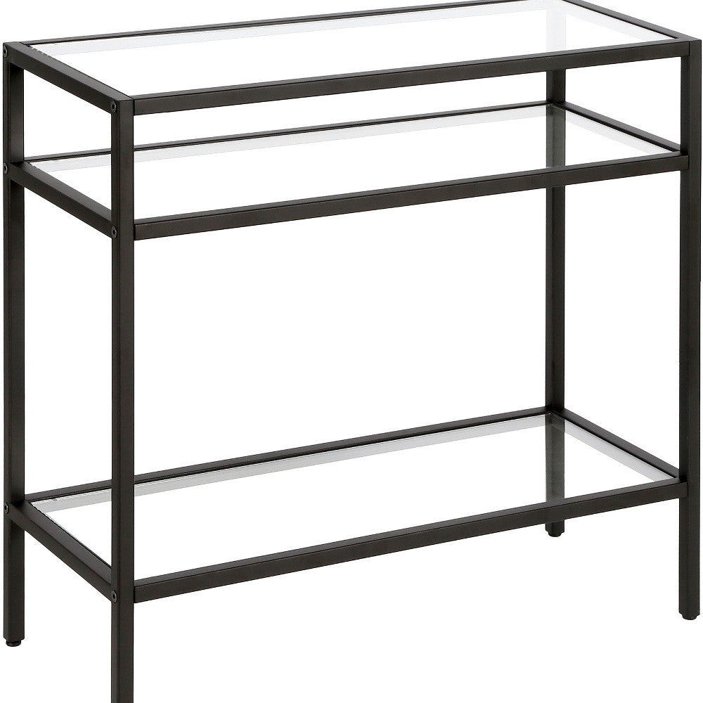 24" Black And Clear Glass And Steel End Table With Two Shelves-6