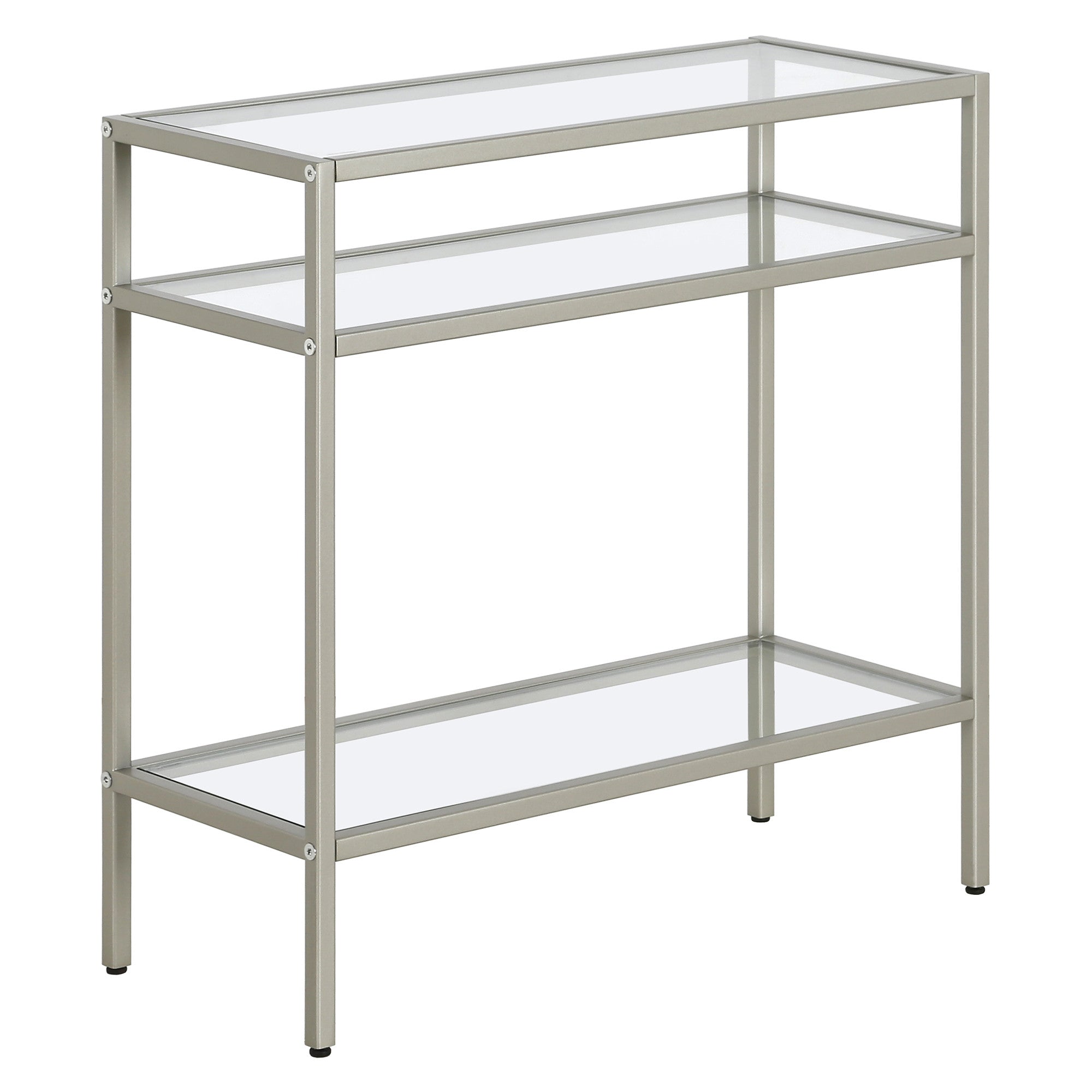 24" Nickel And Clear Glass And Steel End Table With Two Shelves-2
