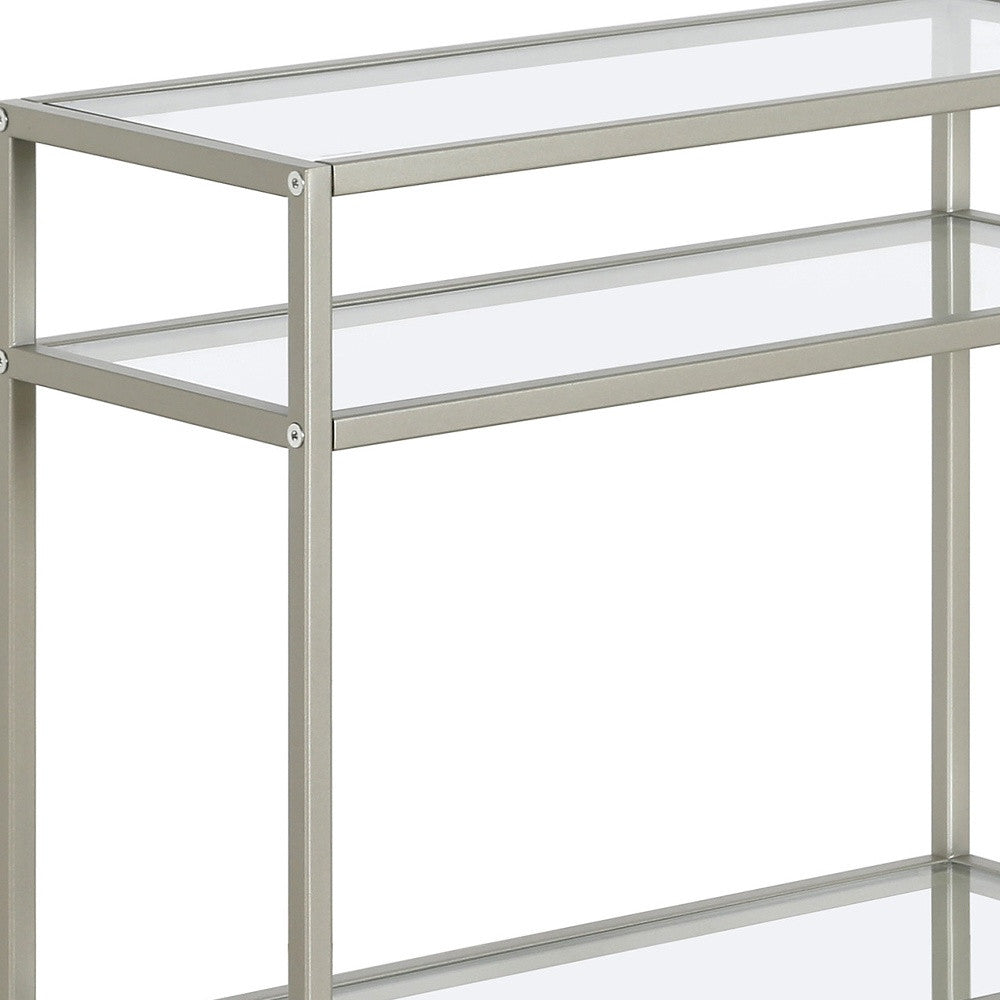 24" Nickel And Clear Glass And Steel End Table With Two Shelves-5