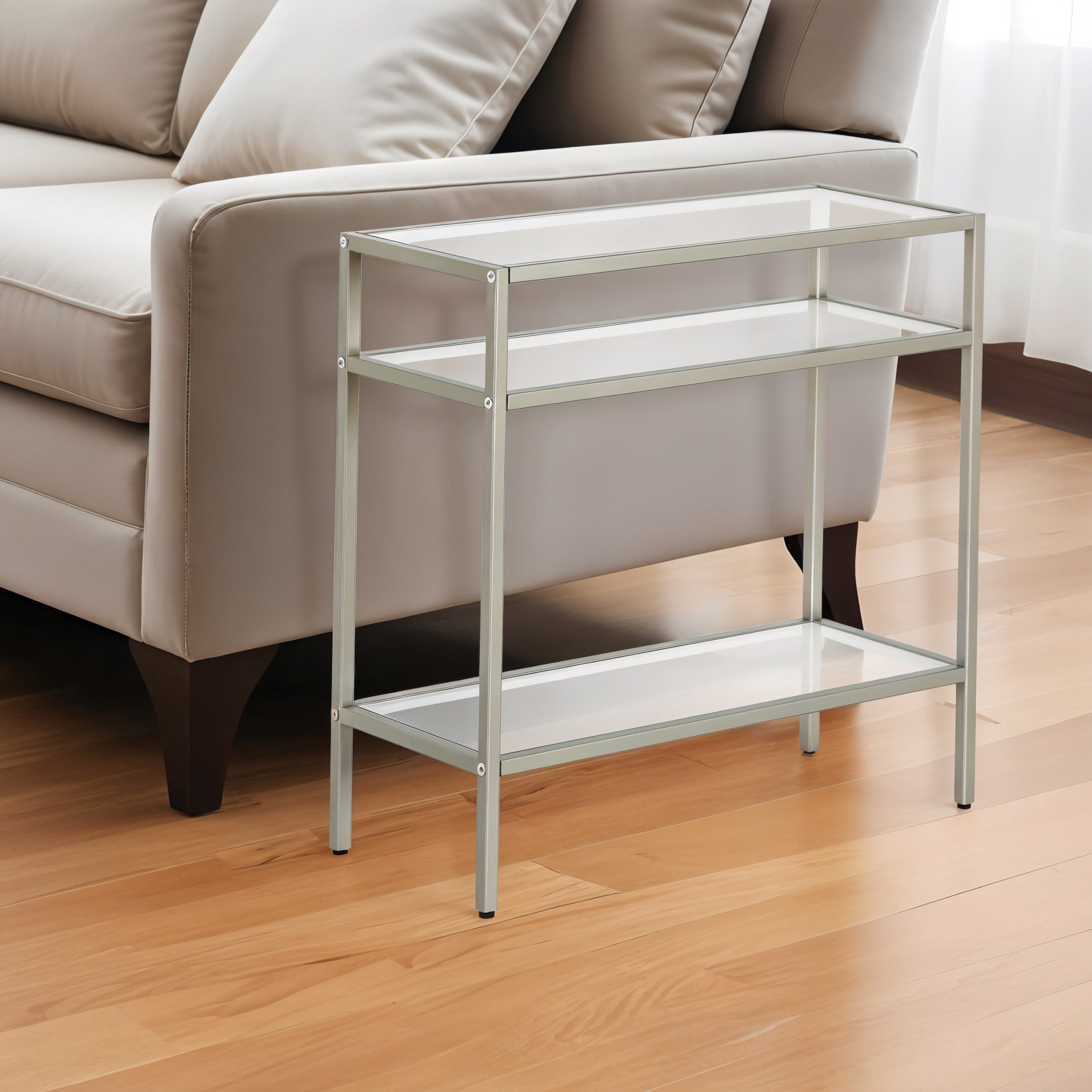 24" Nickel And Clear Glass And Steel End Table With Two Shelves-0