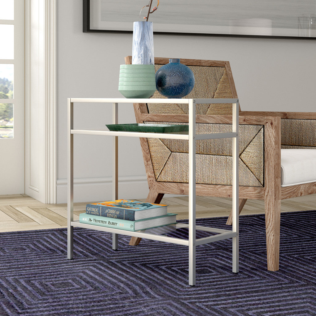 24" Nickel And Clear Glass And Steel End Table With Two Shelves-6