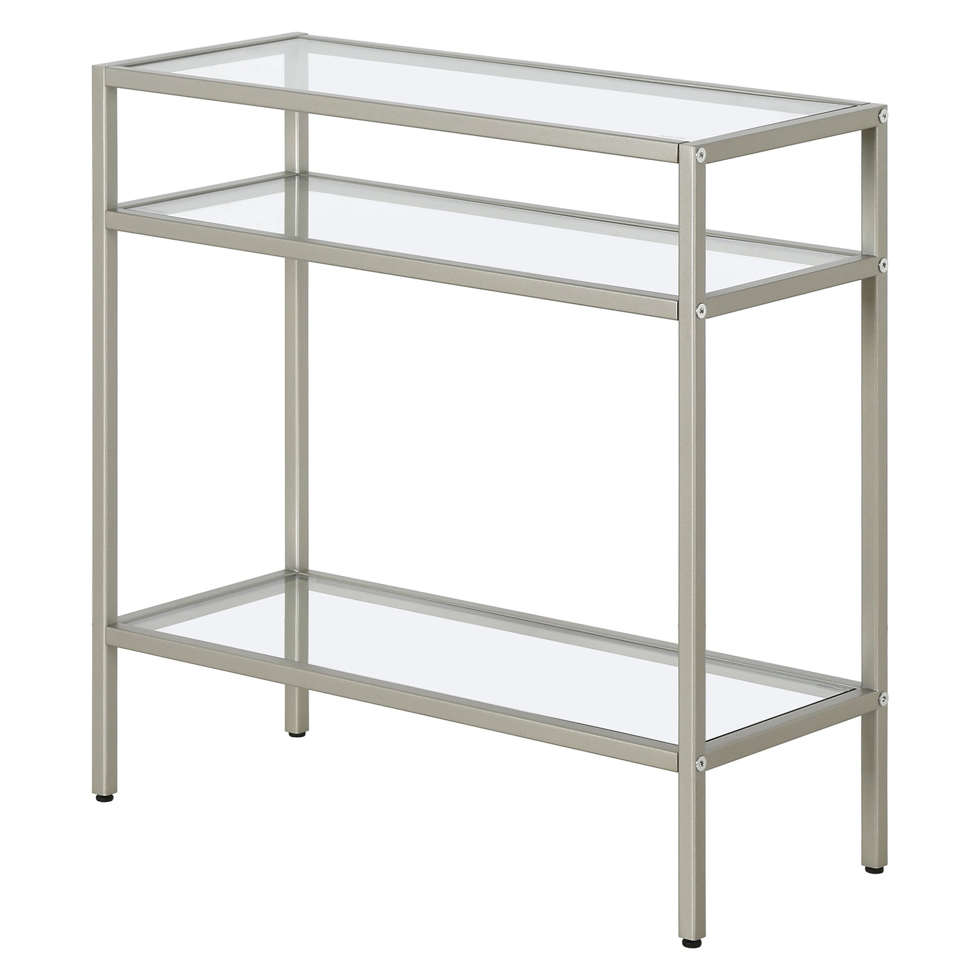 24" Nickel And Clear Glass And Steel End Table With Two Shelves-3