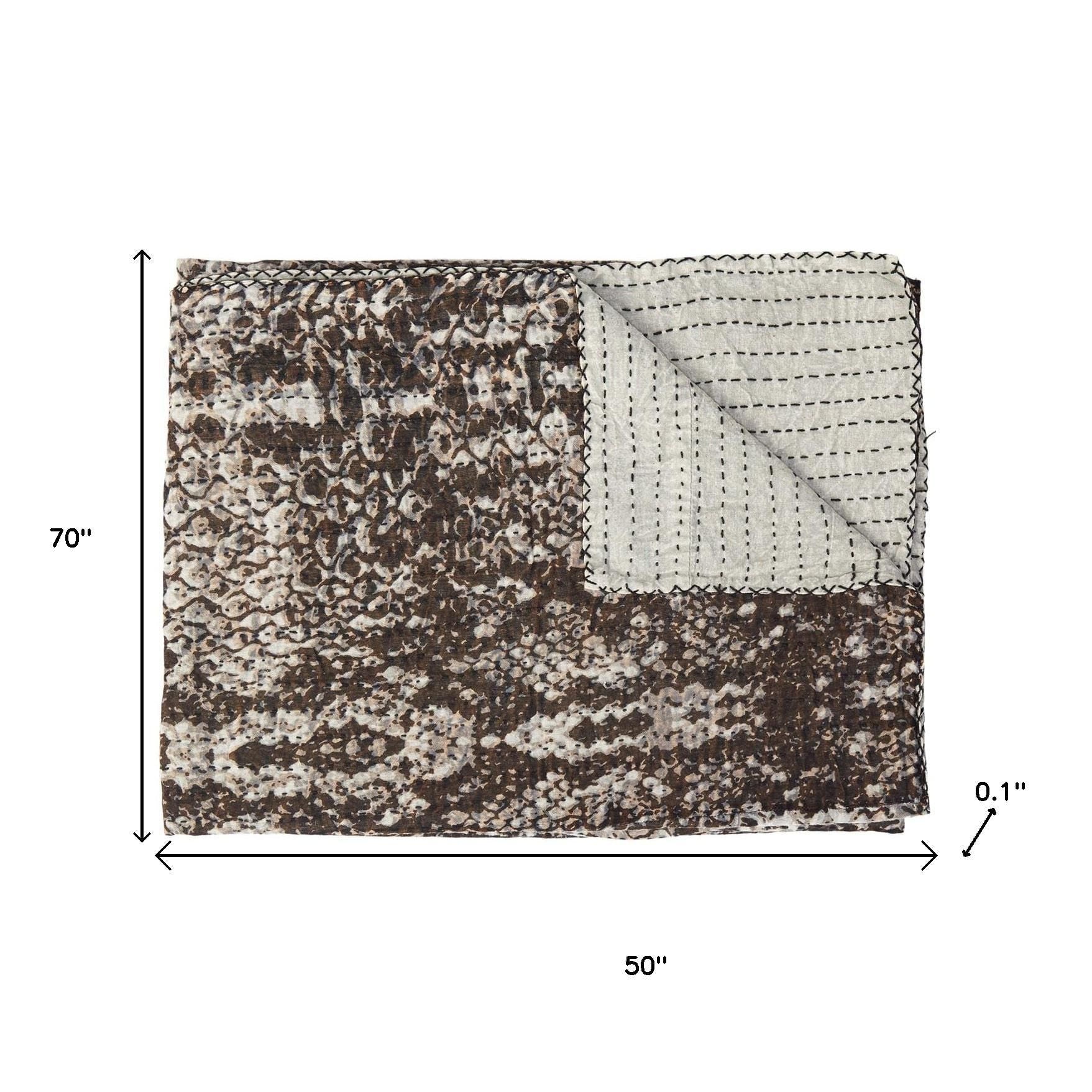 50" X 70" Brown And Ivory Cotton Quilted Kantha Throw Blanket With Embroidery-Throws & Blankets-DECOROLALA