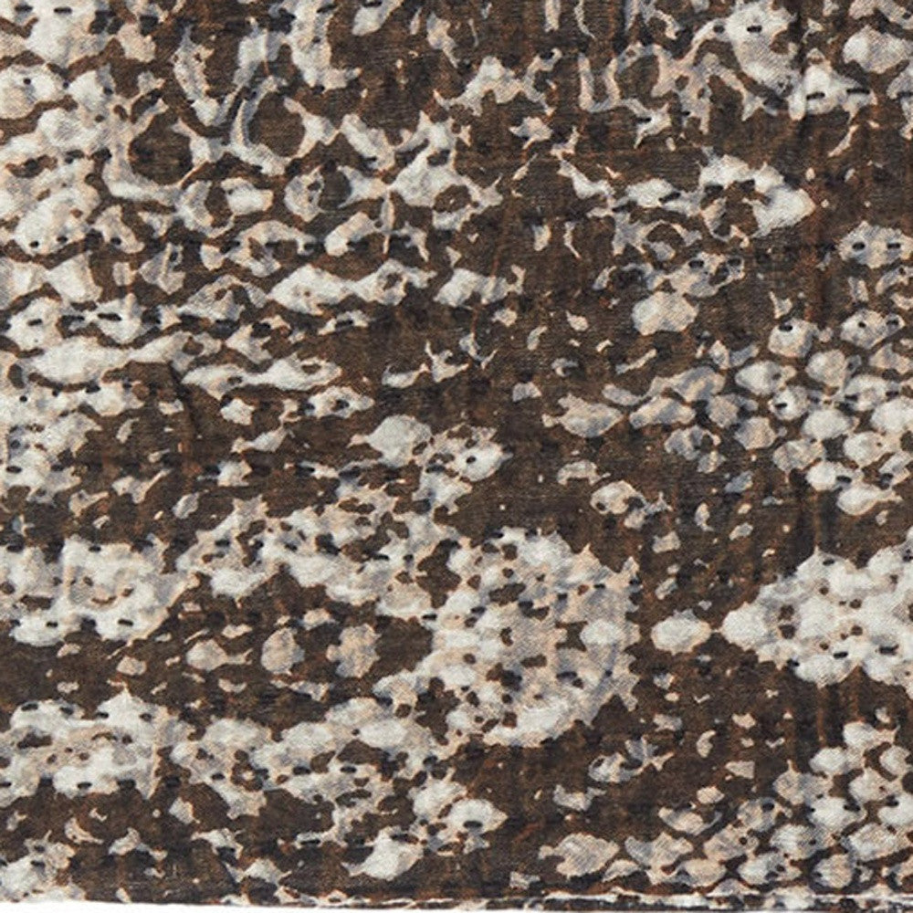 50" X 70" Brown And Ivory Cotton Quilted Kantha Throw Blanket With Embroidery-Throws & Blankets-DECOROLALA