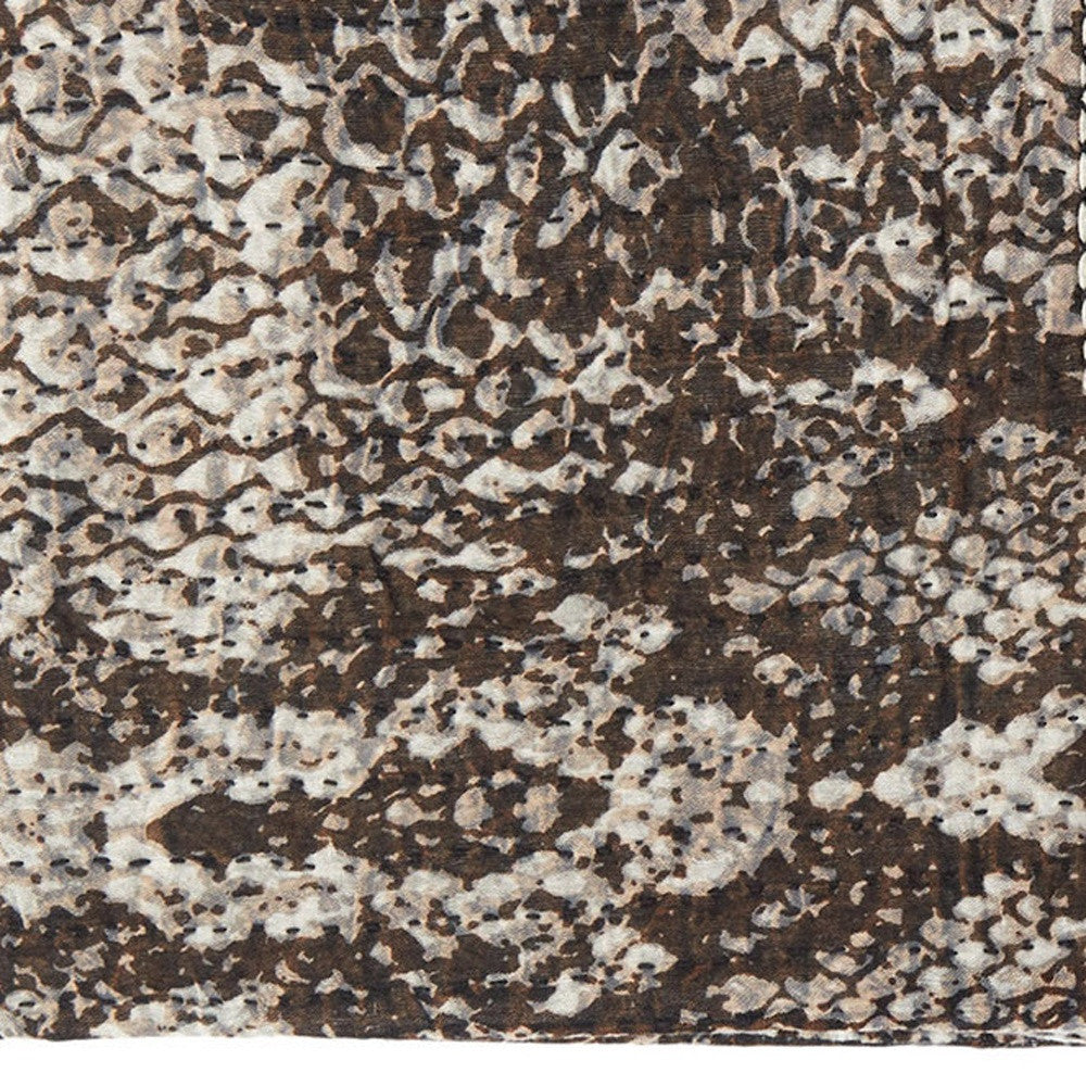 50" X 70" Brown And Ivory Cotton Quilted Kantha Throw Blanket With Embroidery-Throws & Blankets-DECOROLALA