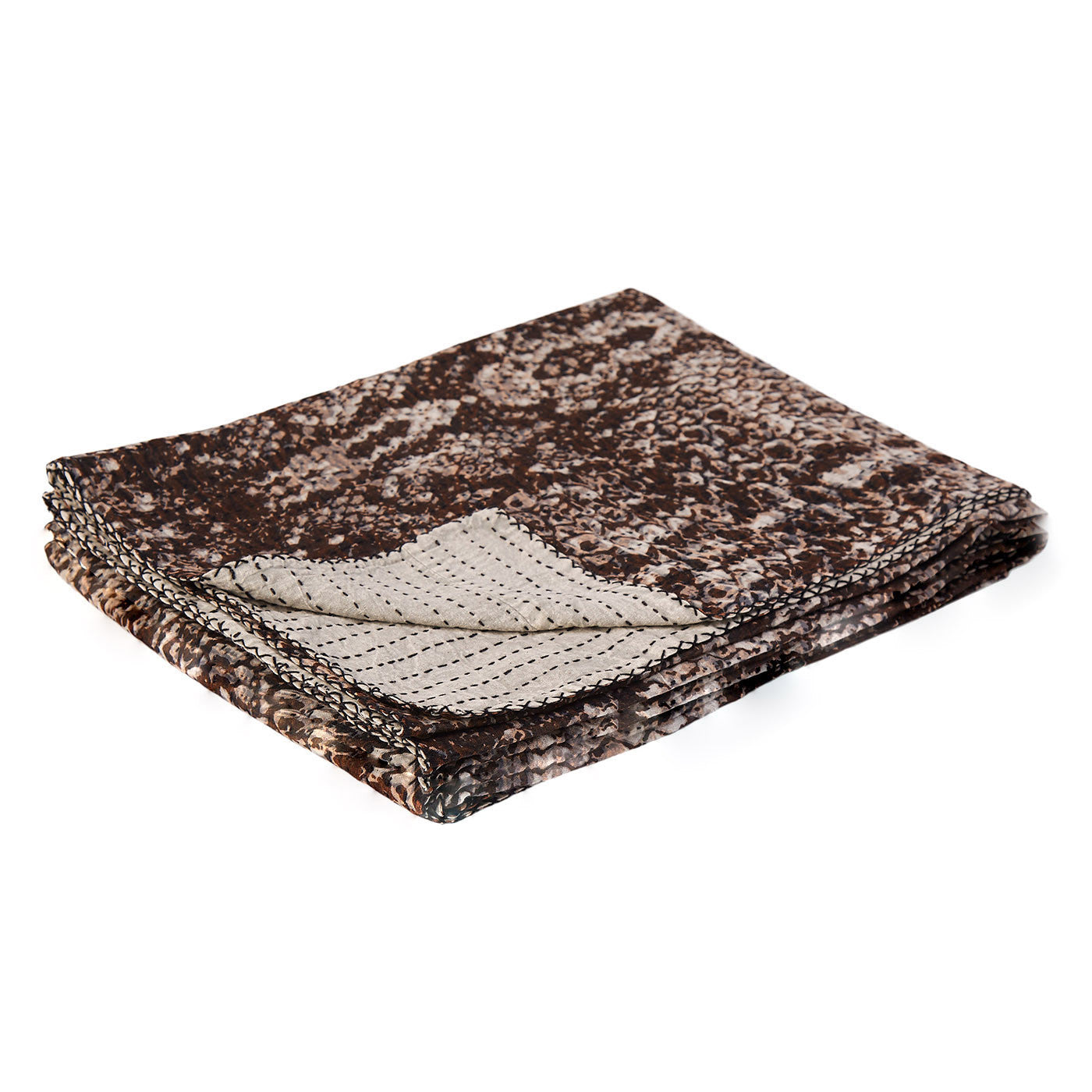 50" X 70" Brown And Ivory Cotton Quilted Kantha Throw Blanket With Embroidery-Throws & Blankets-DECOROLALA