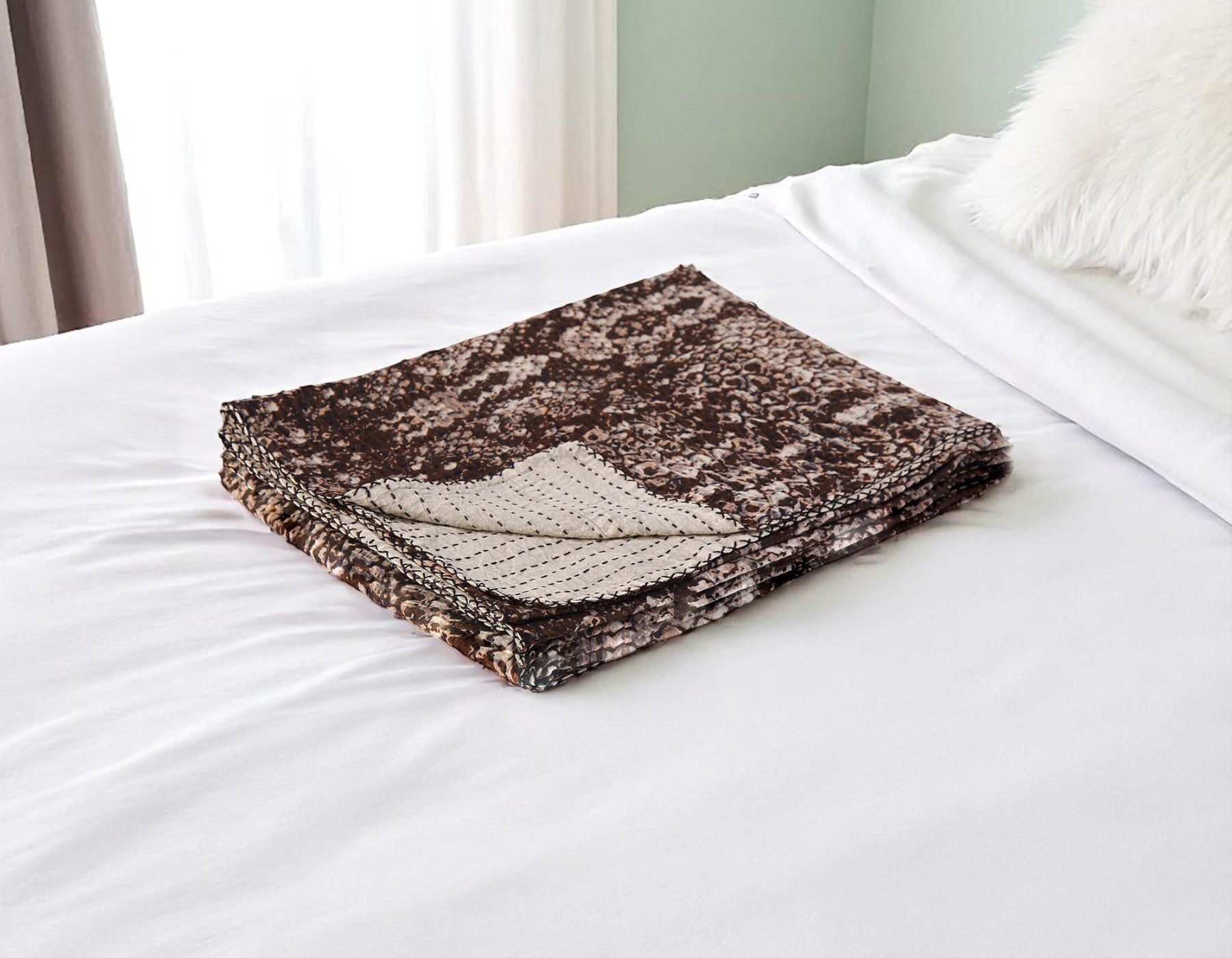 50" X 70" Brown And Ivory Cotton Quilted Kantha Throw Blanket With Embroidery-Throws & Blankets-DECOROLALA