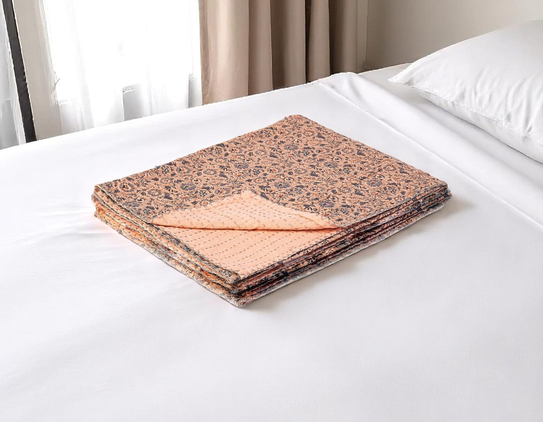 50" X 70" Peach And Gray Floral Cotton Quilted Kantha Throw Blanket with Embroidery-Throws & Blankets-DECOROLALA