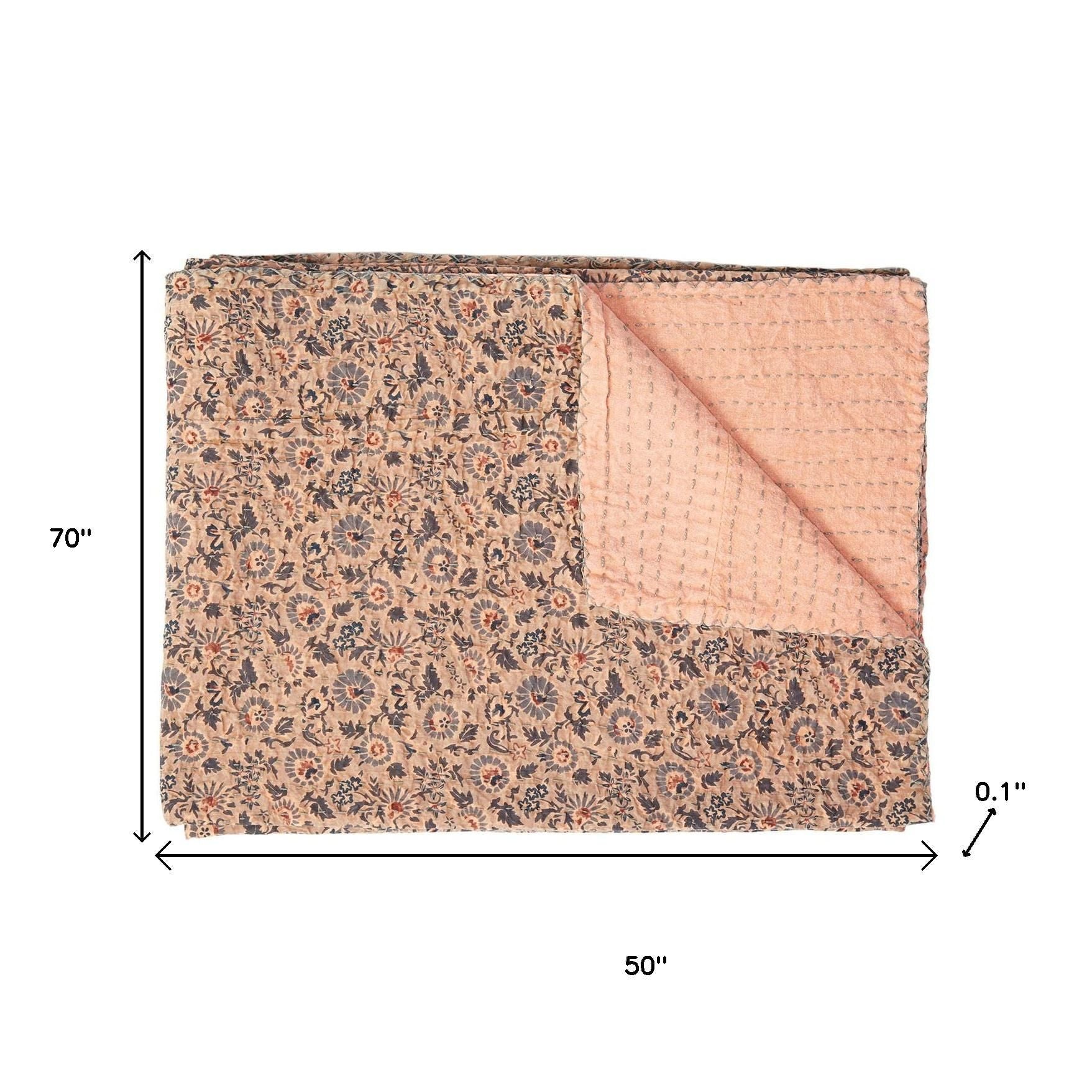 50" X 70" Peach And Gray Floral Cotton Quilted Kantha Throw Blanket with Embroidery-Throws & Blankets-DECOROLALA
