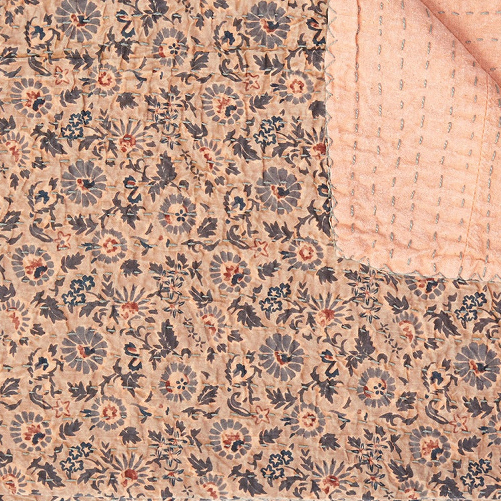 50" X 70" Peach And Gray Floral Cotton Quilted Kantha Throw Blanket with Embroidery-Throws & Blankets-DECOROLALA