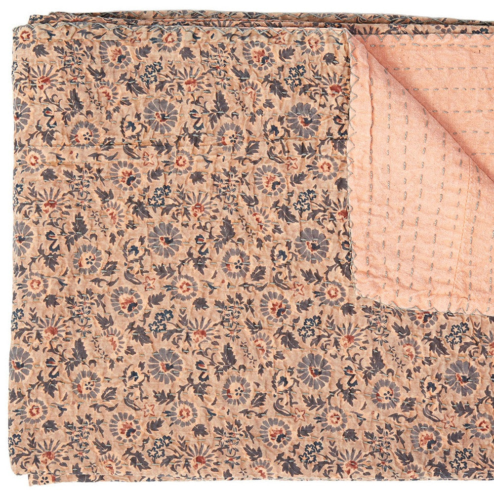 50" X 70" Peach And Gray Floral Cotton Quilted Kantha Throw Blanket with Embroidery-Throws & Blankets-DECOROLALA