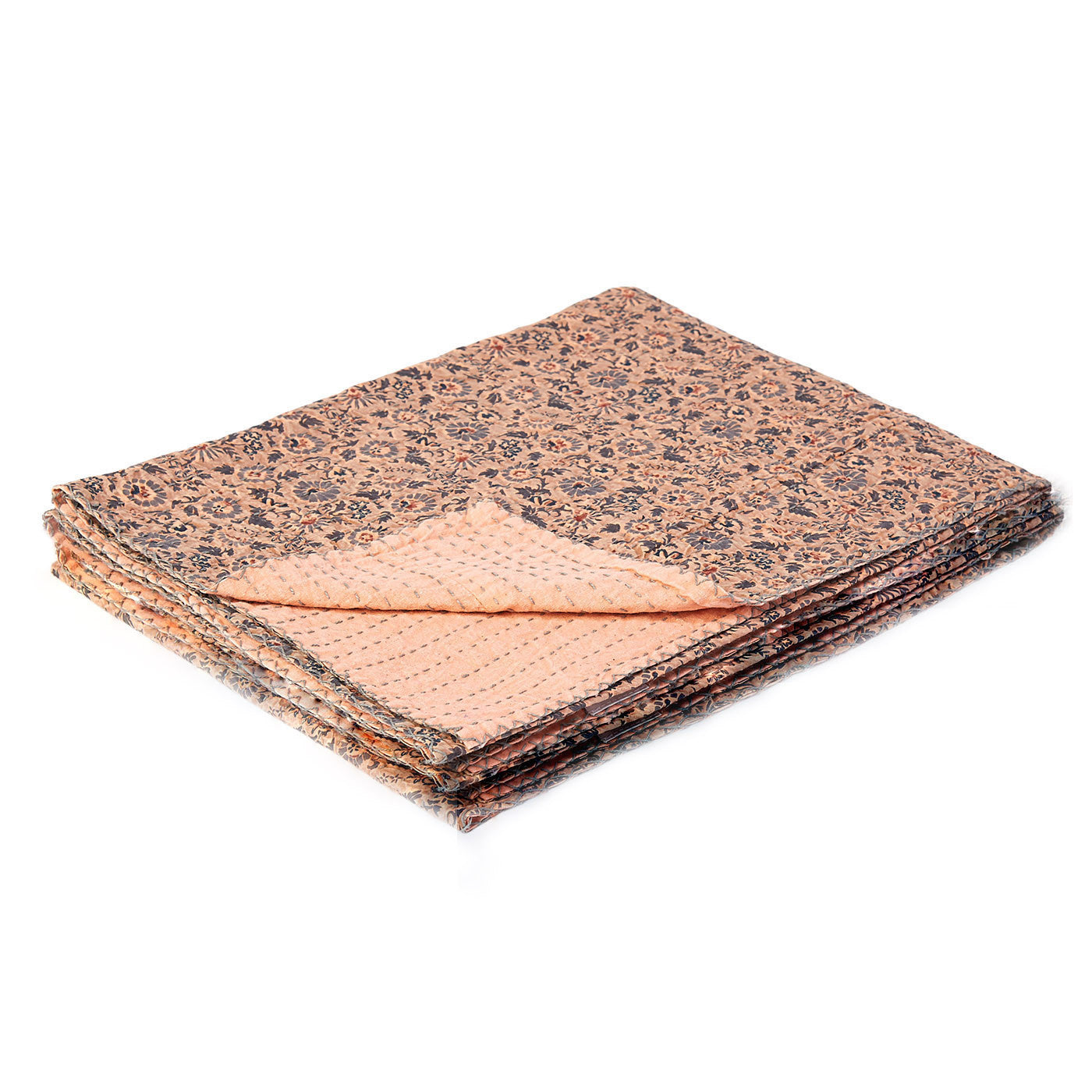 50" X 70" Peach And Gray Floral Cotton Quilted Kantha Throw Blanket with Embroidery-Throws & Blankets-DECOROLALA