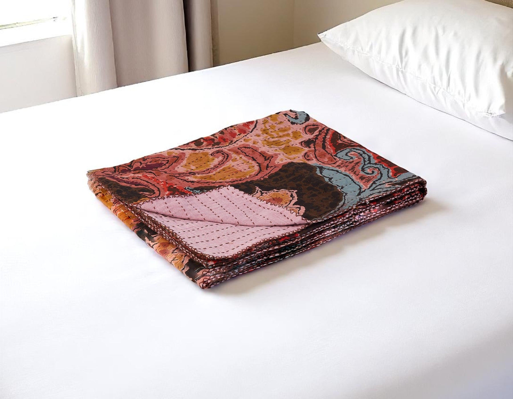 50" X 70" Brown And Pink Floral Cotton Quilted Kantha Throw Blanket with Embroidery-Throws & Blankets-DECOROLALA