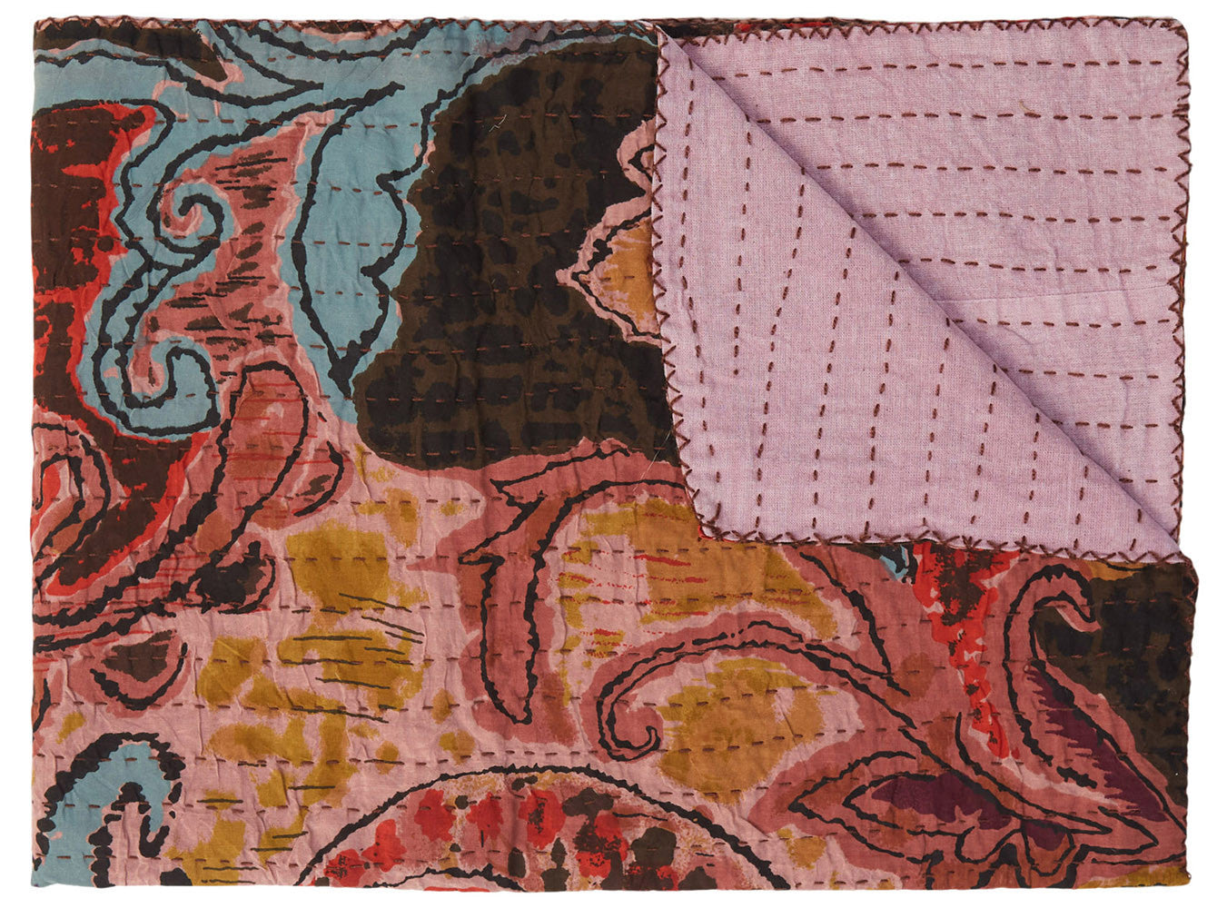 50" X 70" Brown And Pink Floral Cotton Quilted Kantha Throw Blanket with Embroidery-Throws & Blankets-DECOROLALA