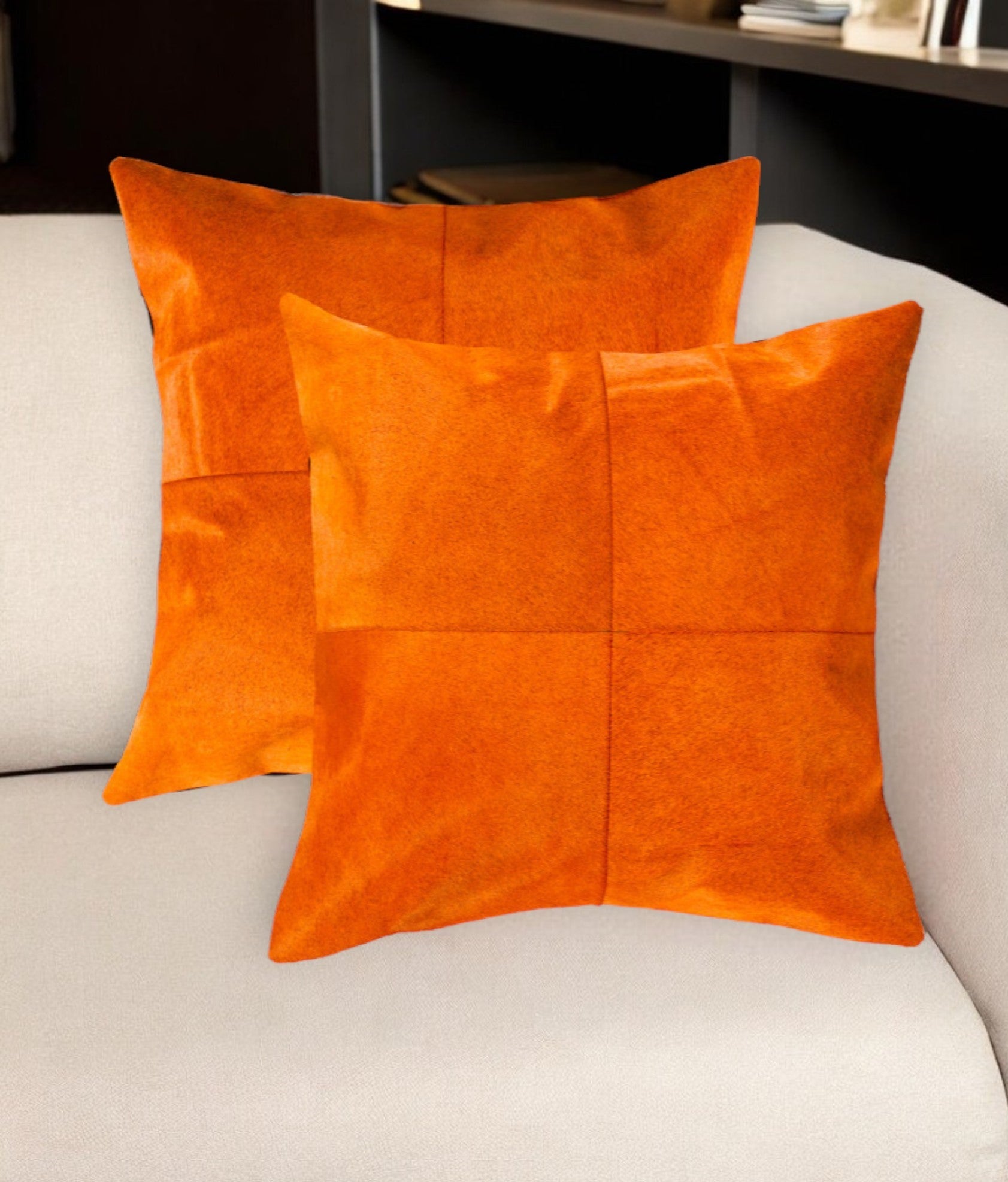 Set of Two 18" Orange Cowhide Throw Pillows-0