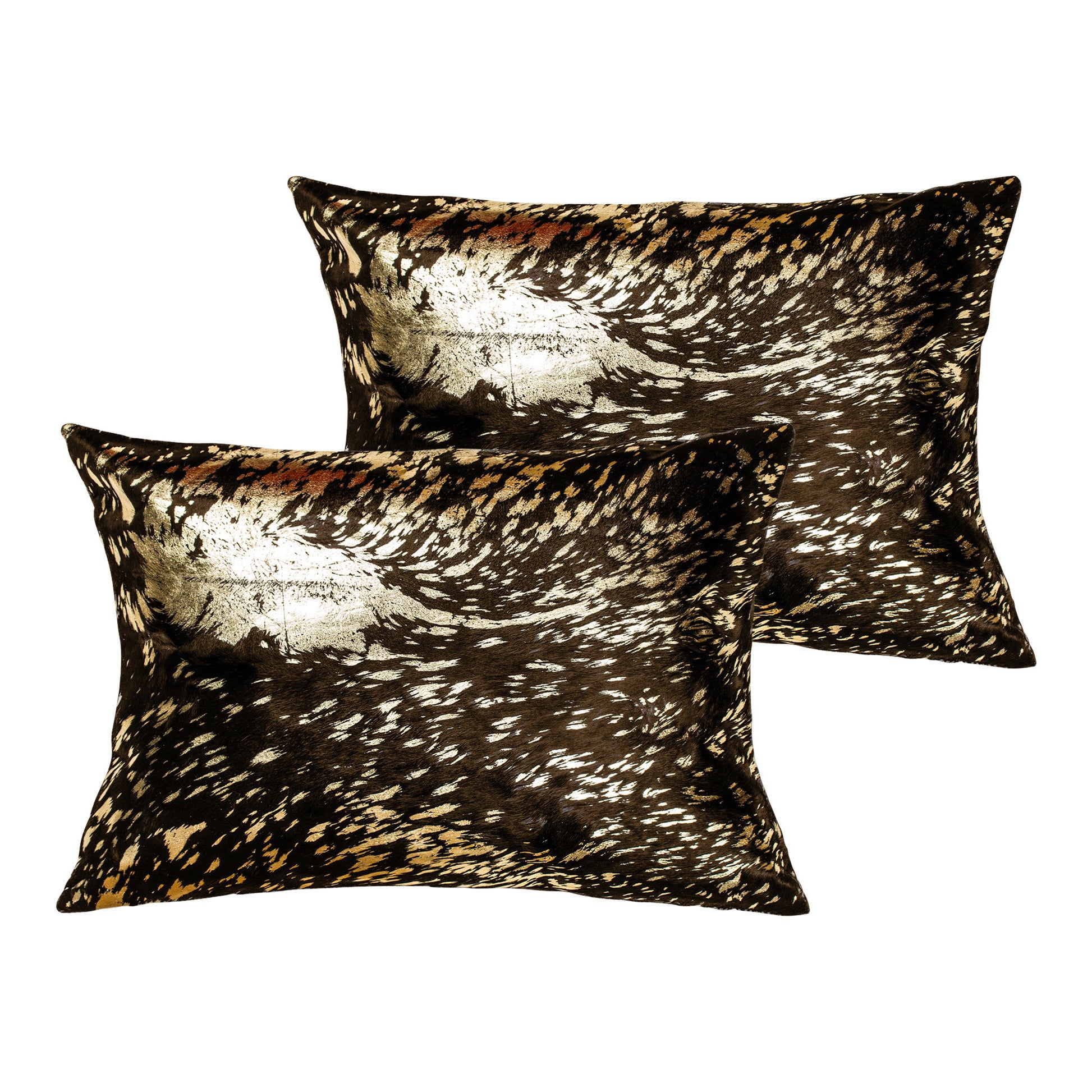 Set of Two 12" X 20" Chocolate and Gold Abstract Cowhide Lumbar Throw Pillows with Glitter-2