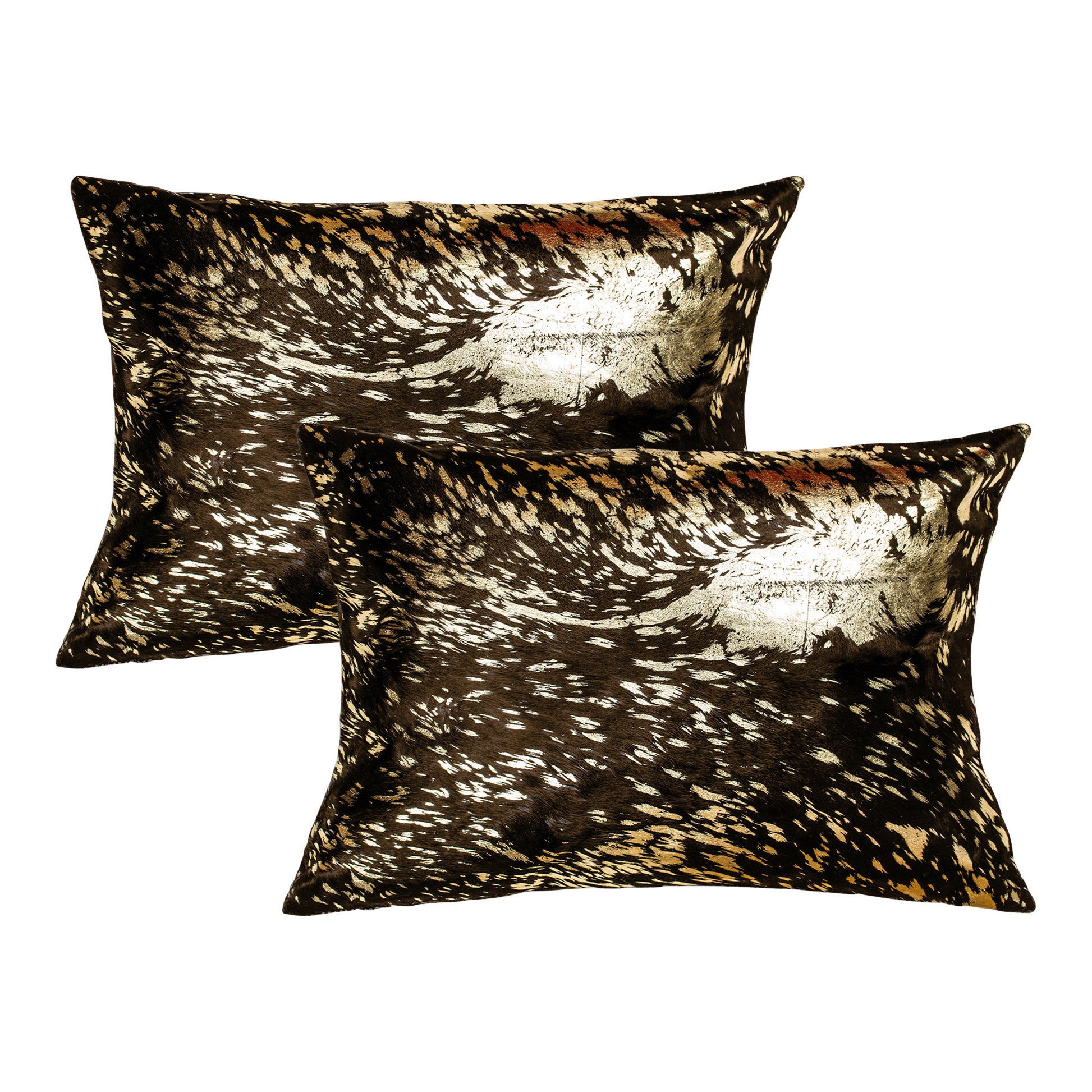 Set of Two 12" X 20" Chocolate and Gold Abstract Cowhide Lumbar Throw Pillows with Glitter-3