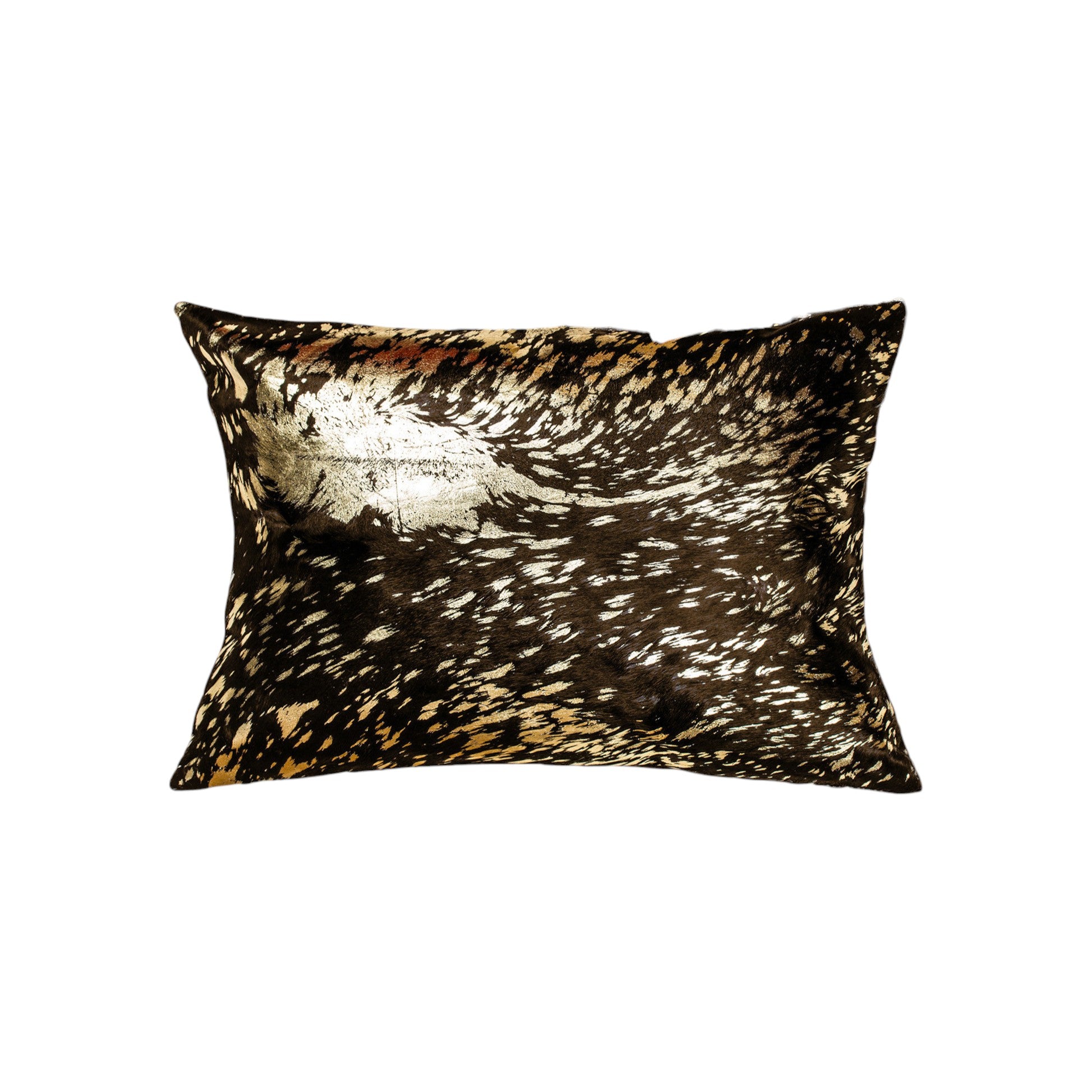 Set of Two 12" X 20" Chocolate and Gold Abstract Cowhide Lumbar Throw Pillows with Glitter-0