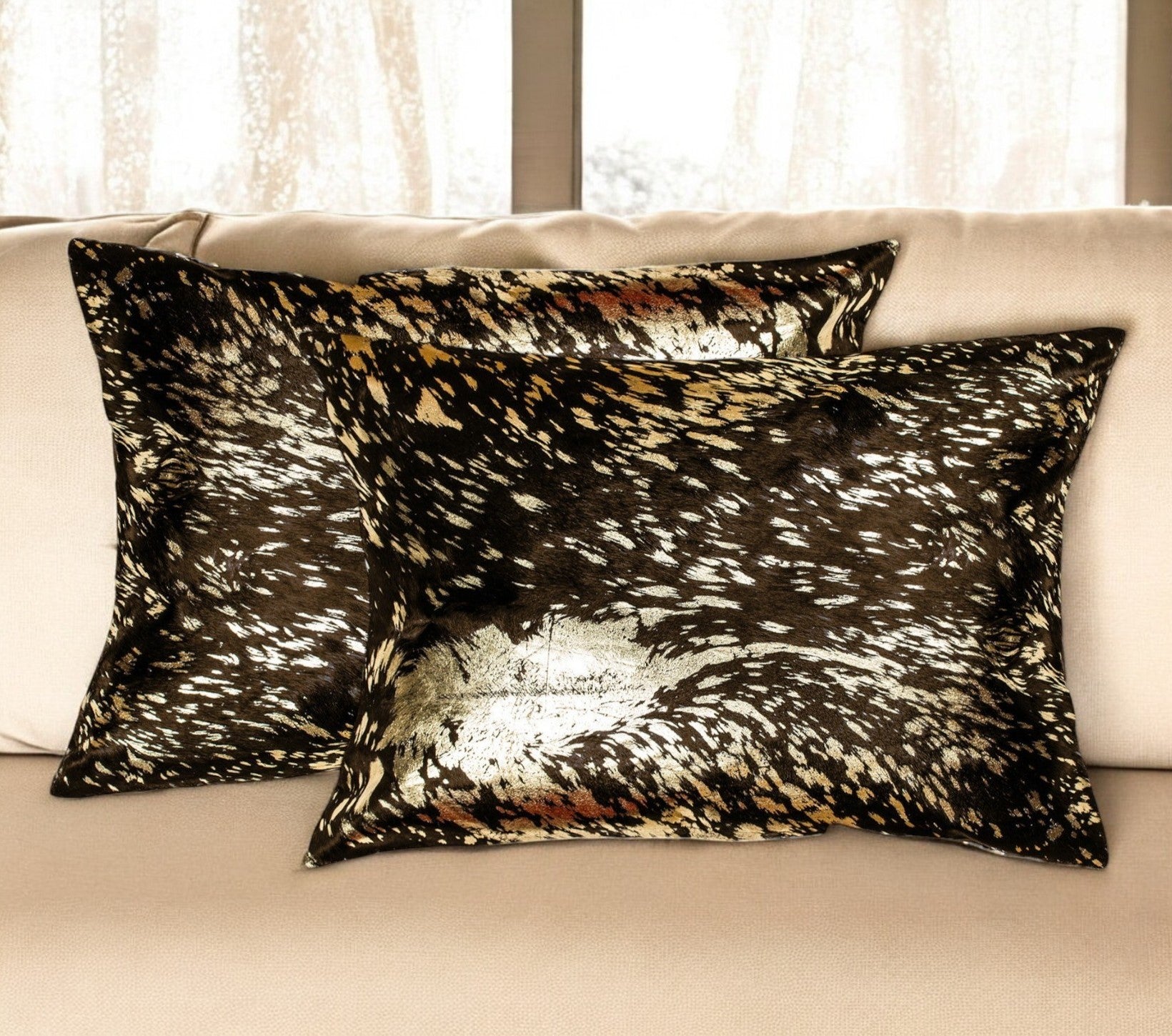 Set of Two 12" X 20" Chocolate and Gold Abstract Cowhide Lumbar Throw Pillows with Glitter-1