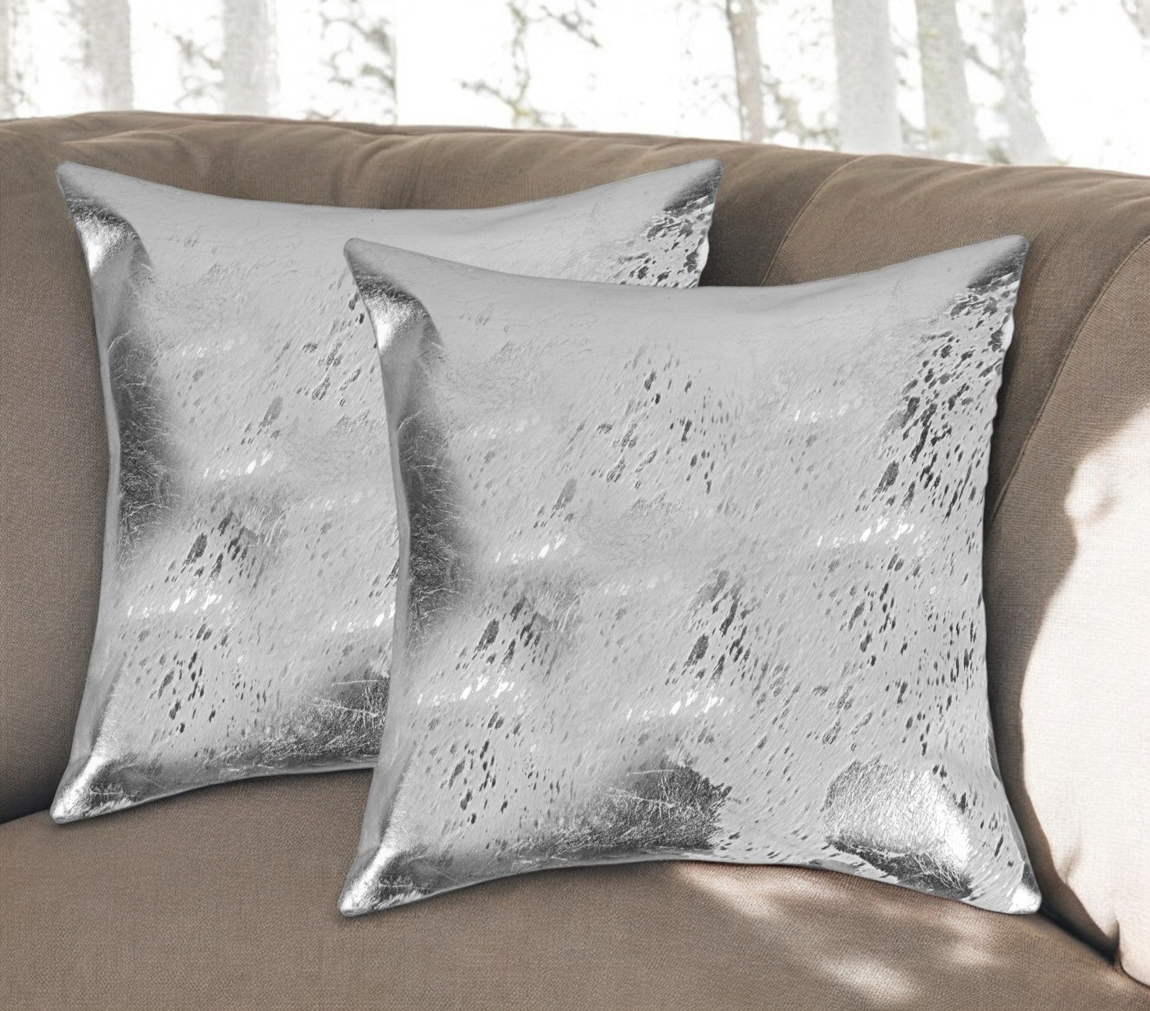 Set of Two 18" Gray and Silver Abstract Cowhide Throw Pillows with Glitter-0