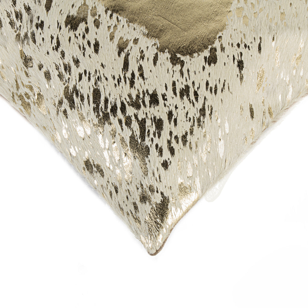 Set of Two 18" Natural and Gold Abstract Cowhide Throw Pillows with Glitter-4
