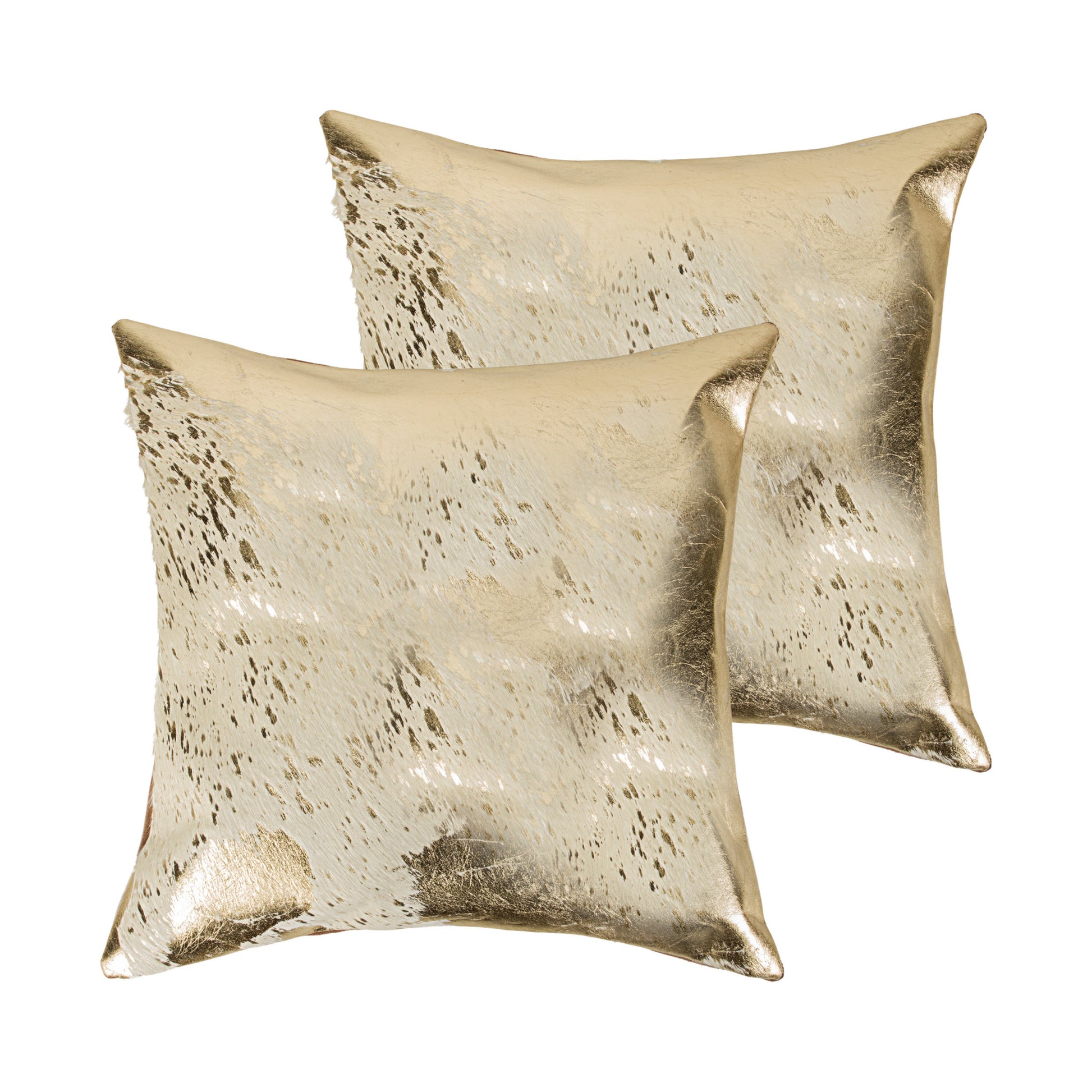 Set of Two 18" Natural and Gold Abstract Cowhide Throw Pillows with Glitter-1