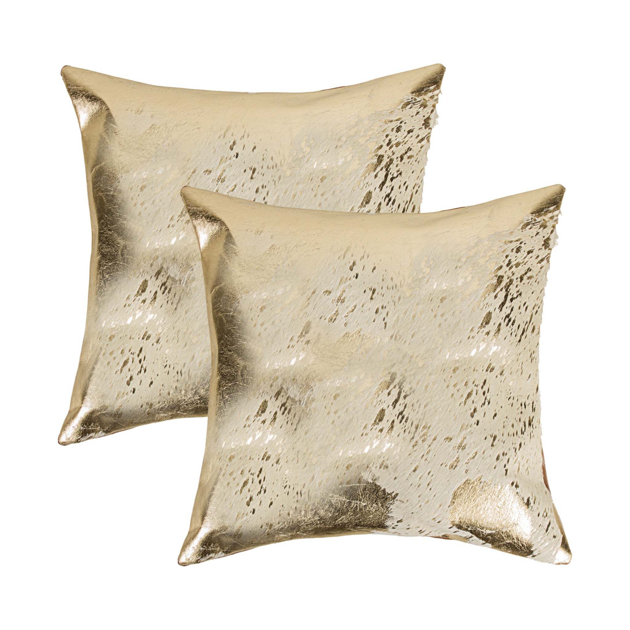 Set of Two 18" Natural and Gold Abstract Cowhide Throw Pillows with Glitter-3