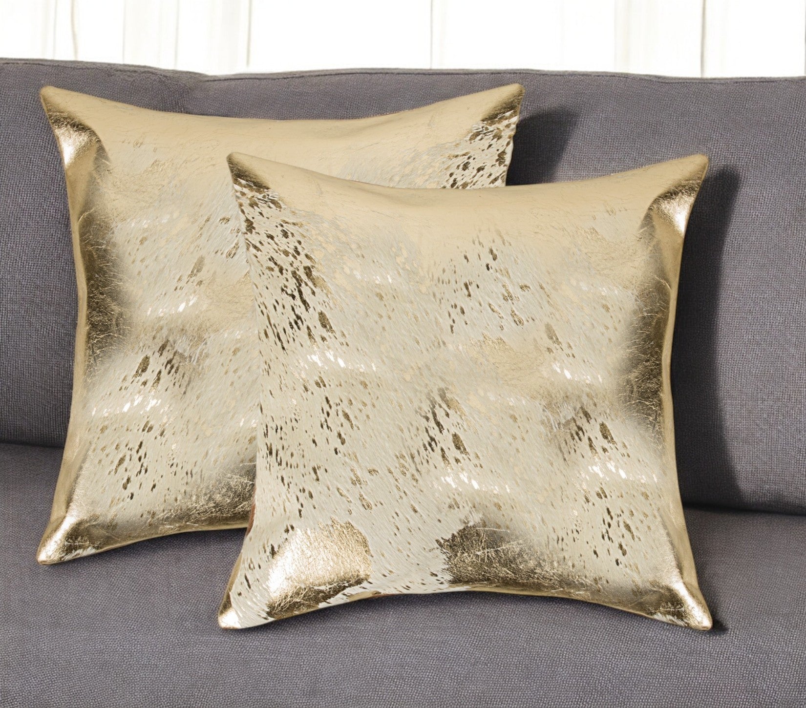 Set of Two 18" Natural and Gold Abstract Cowhide Throw Pillows with Glitter-0