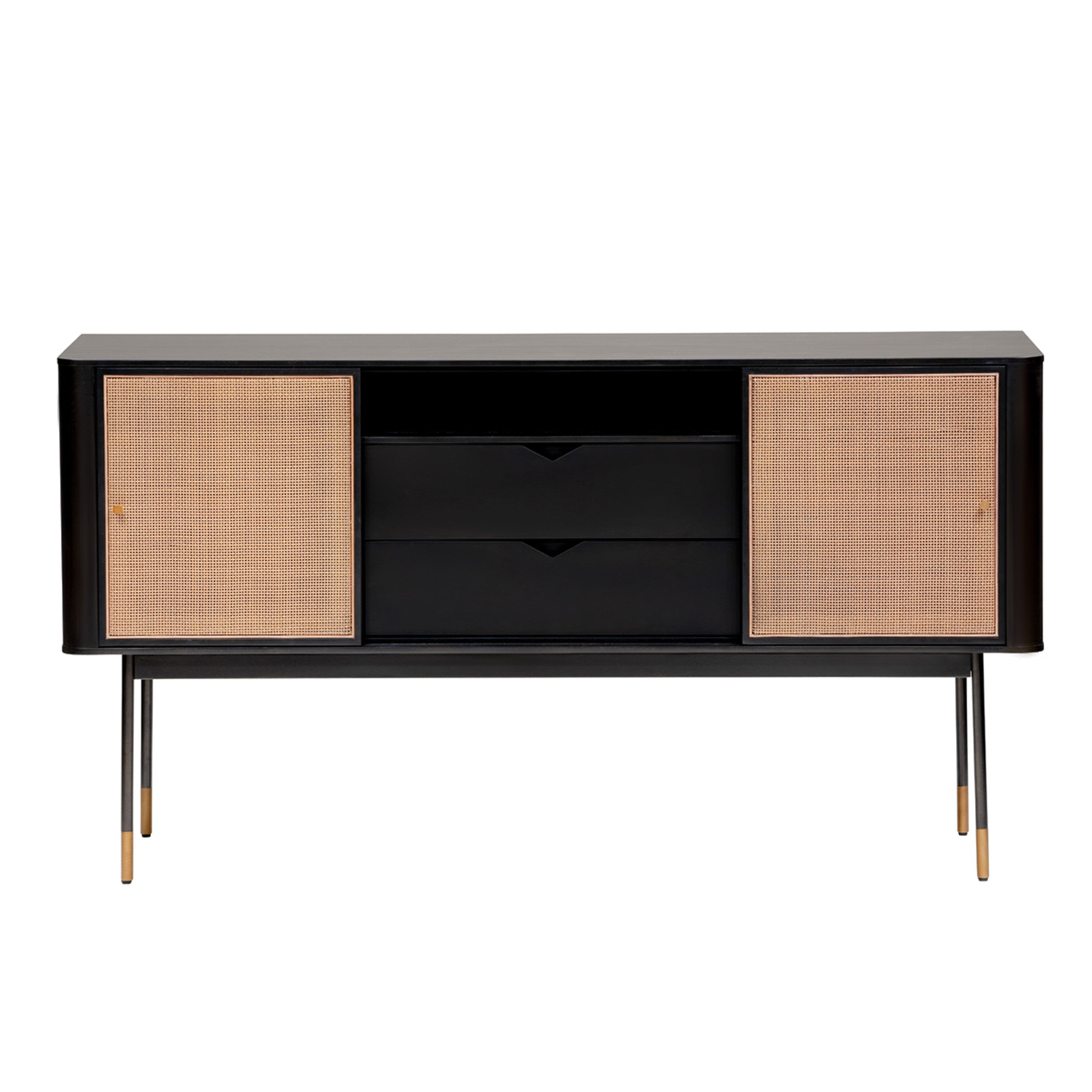 59" Black And Natural Wood Two Drawer Sideboard with Two Sliding Doors-1